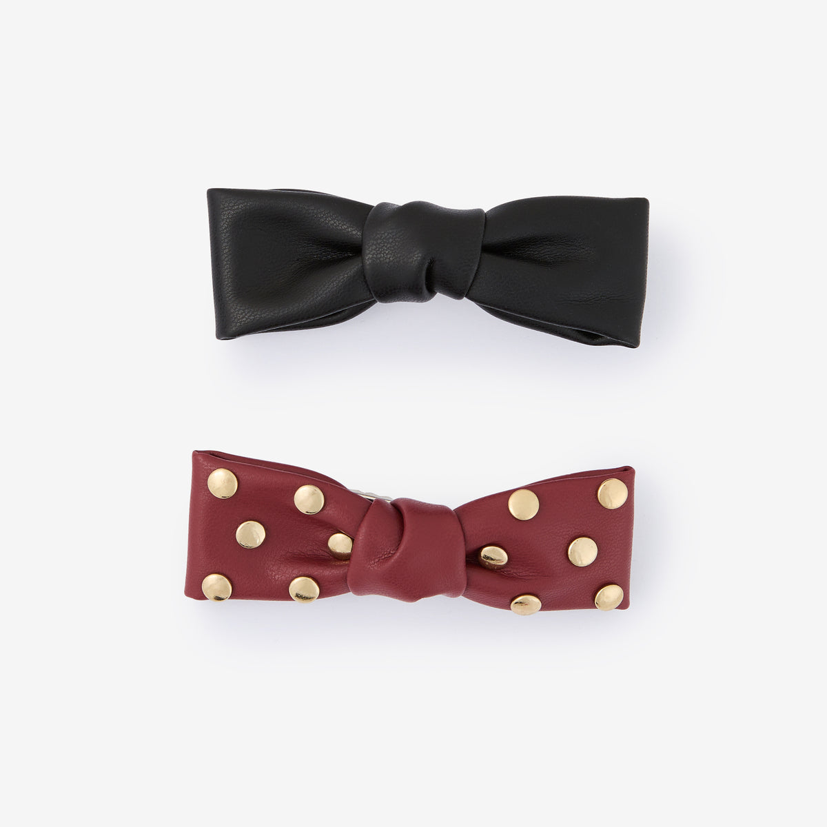 Set de 2 barrettes nœud à cheveux effet cuir bordeaux et noir