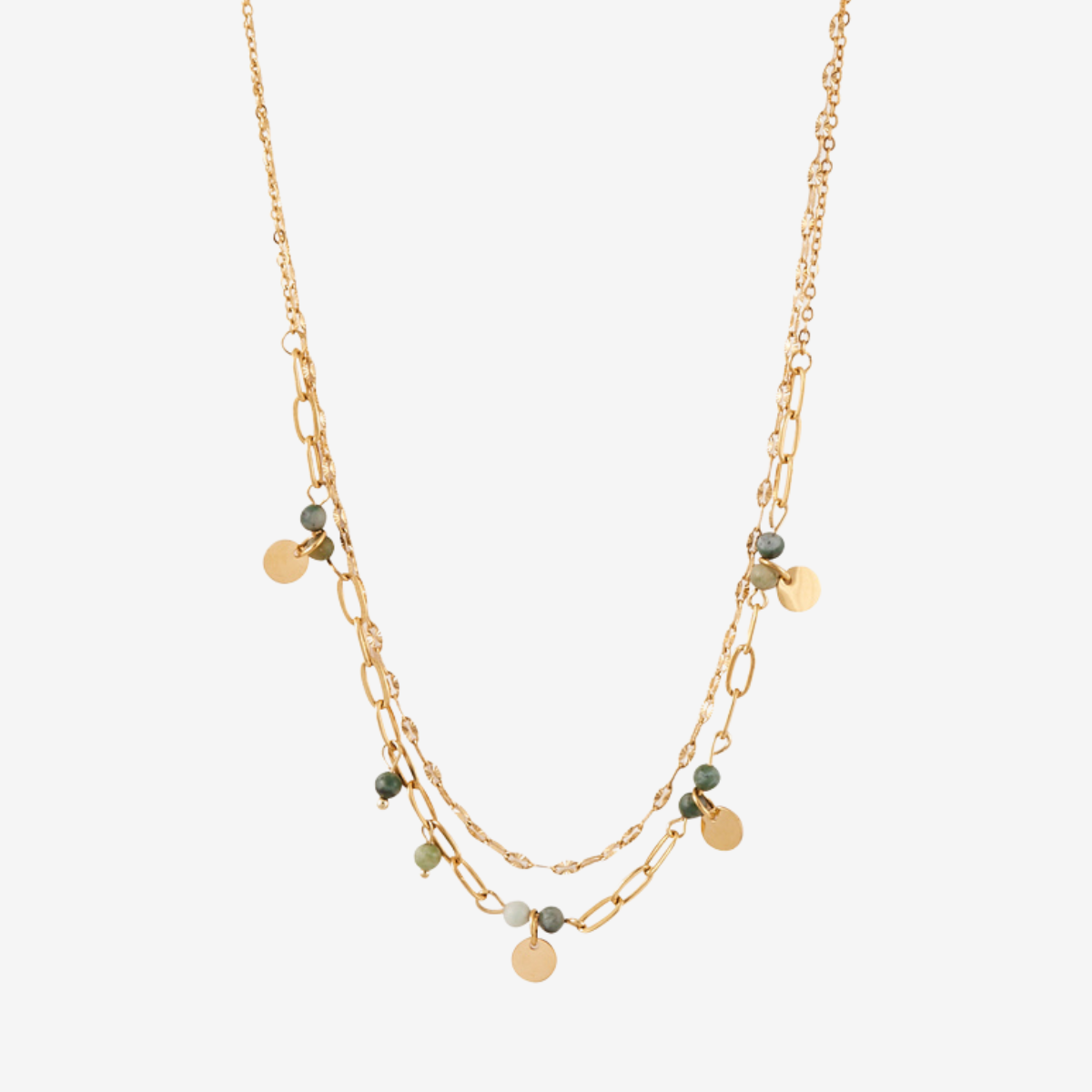 Collier 2 rangs acier inoxydable avec perles et pampilles