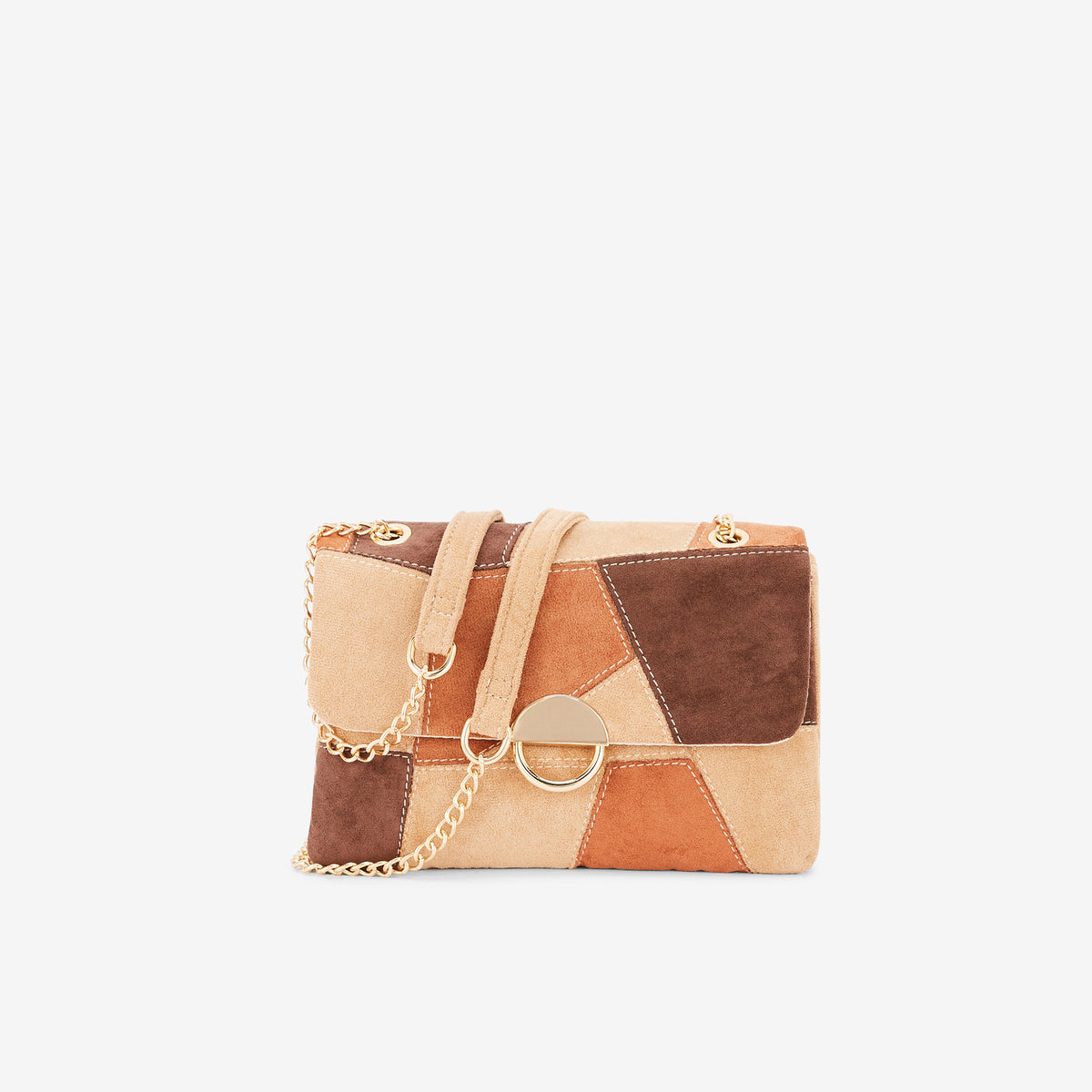 Sac à bandoulière patchwork effet suédé tons marrons