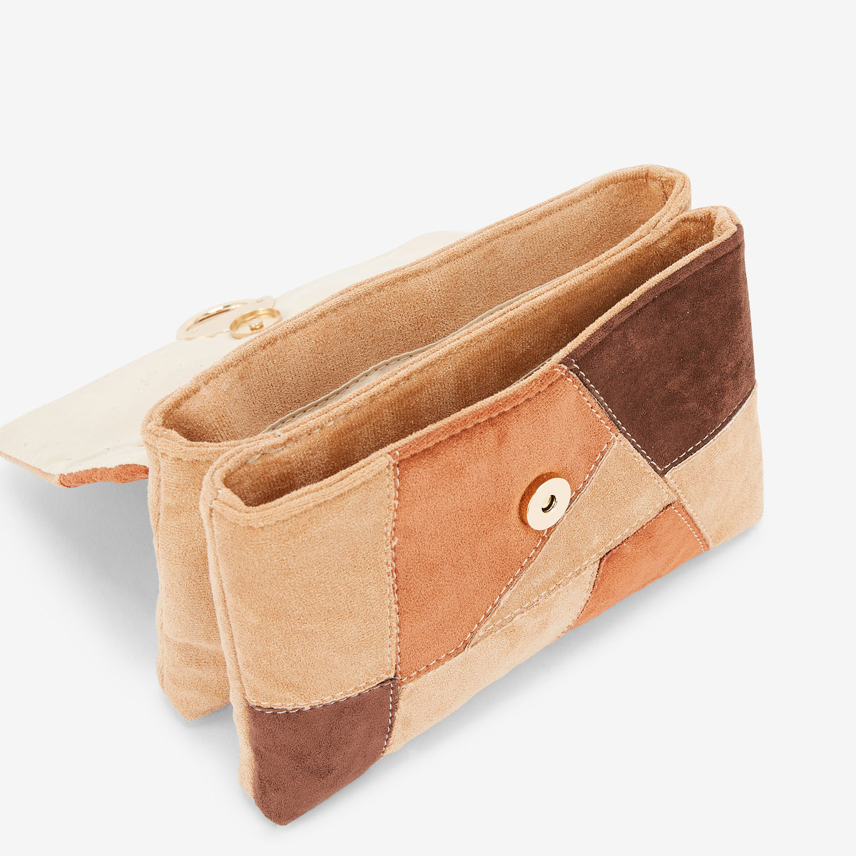 Sac à bandoulière patchwork effet suédé tons marrons