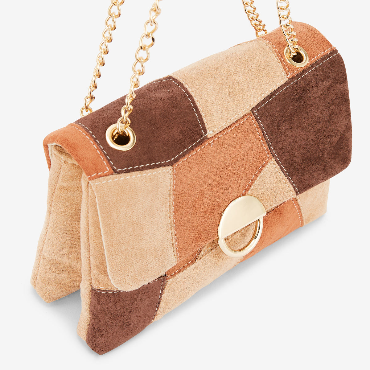 Sac à bandoulière patchwork effet suédé tons marrons