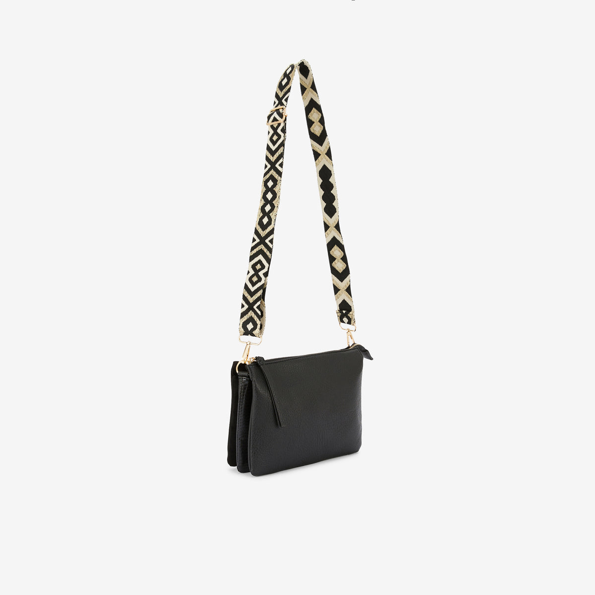 Sac à bandoulière tri-pocket noir avec bandoulière à motif