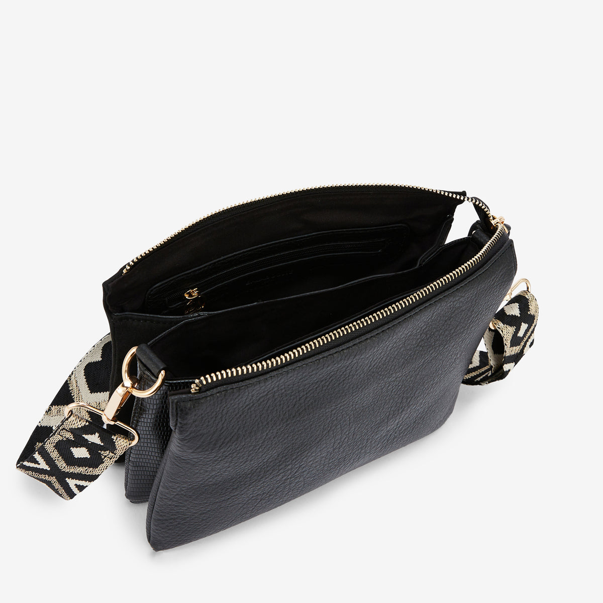 Sac à bandoulière tri-pocket noir avec bandoulière à motif