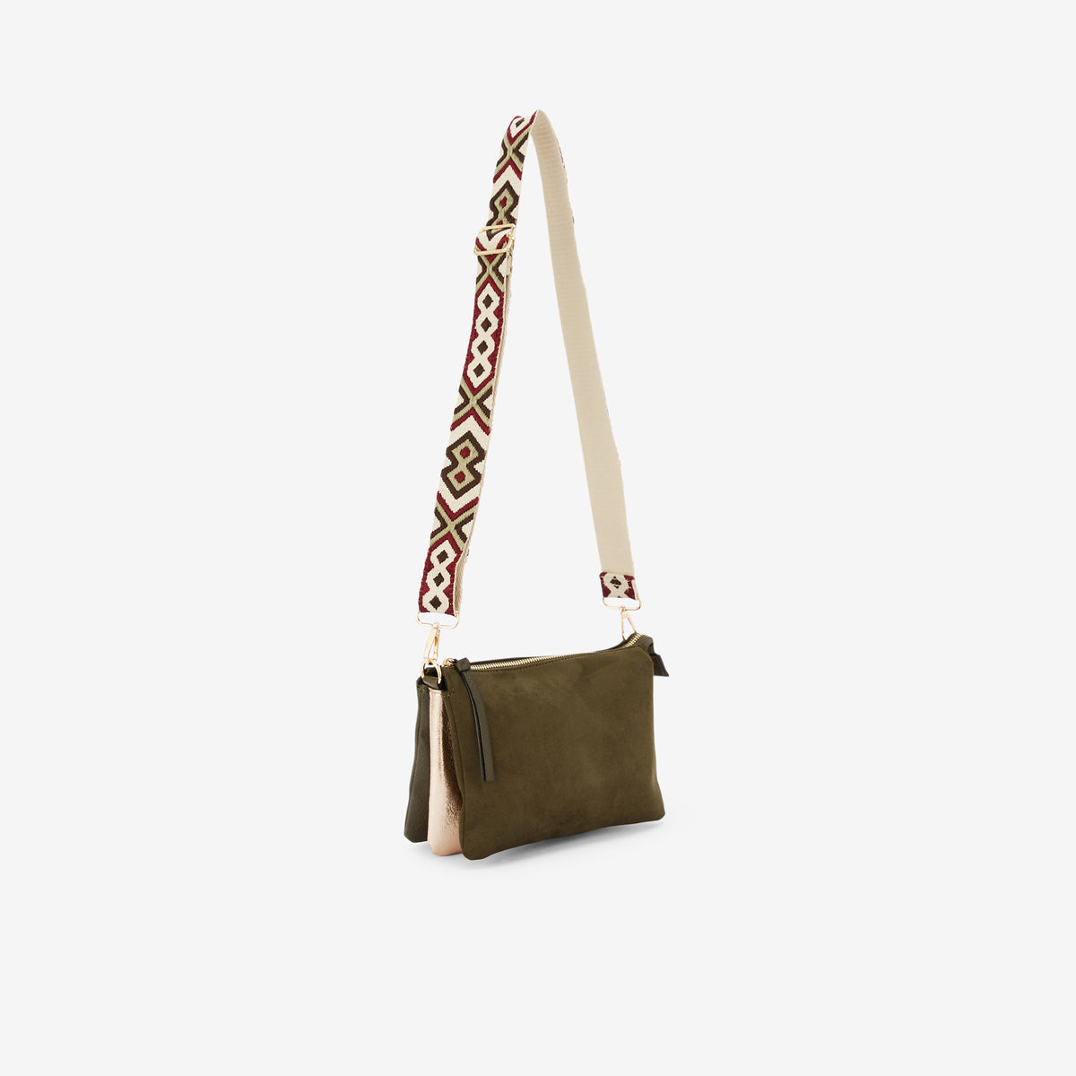 Sac à bandoulière tri-pocket kaki avec bandoulière à motif