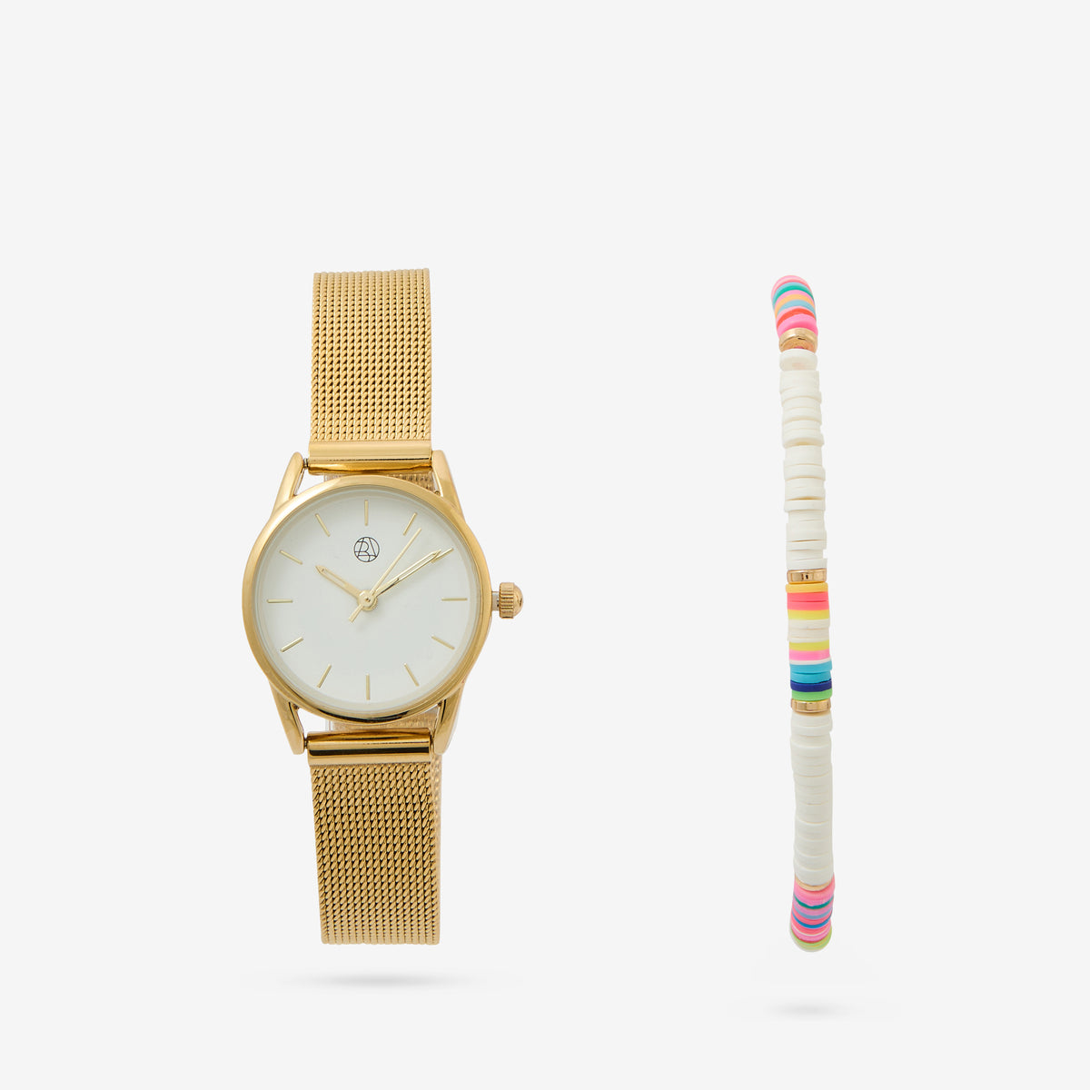 Coffret montre cadran rond bracelet maille dorée + bracelet perles multicolores