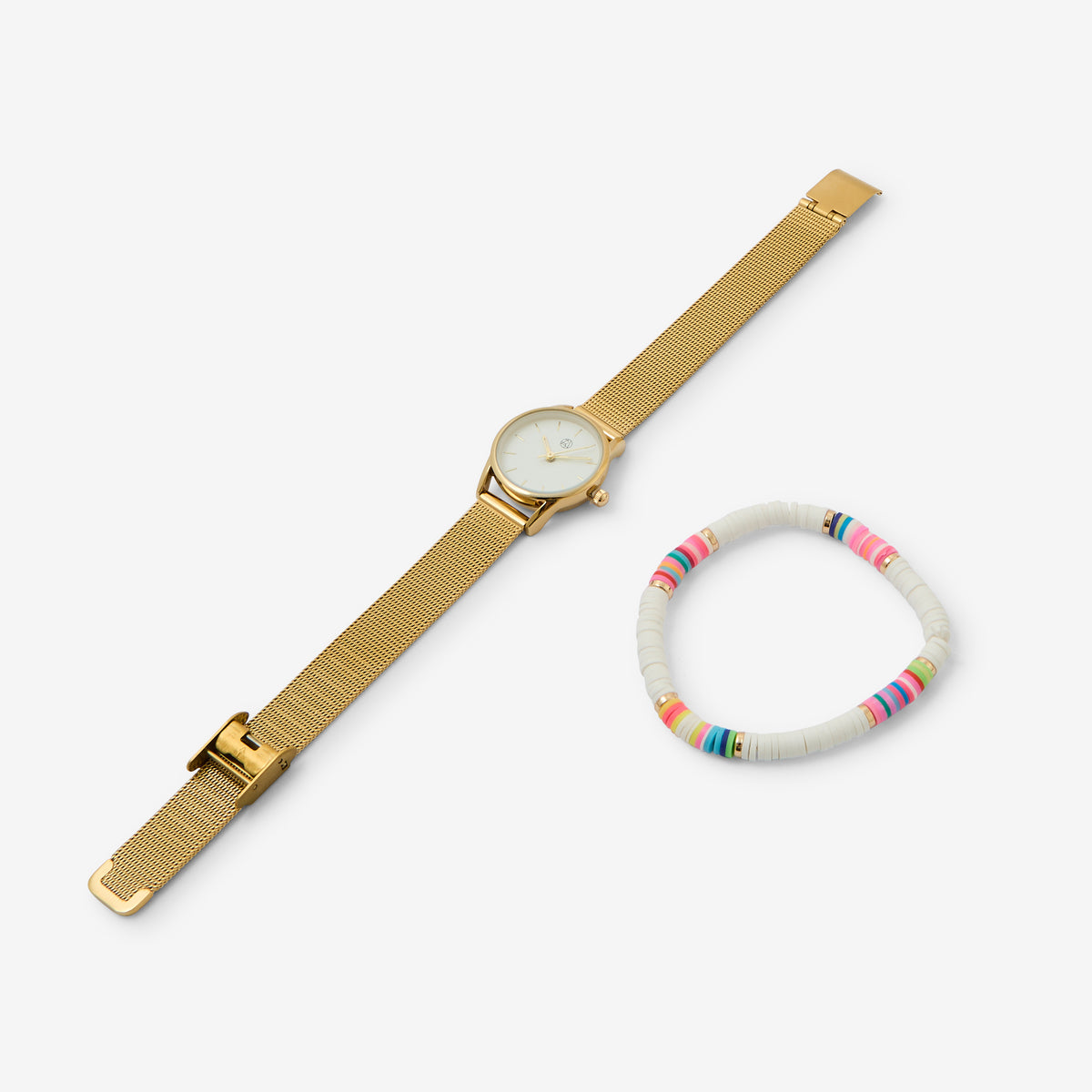 Coffret montre cadran rond bracelet maille dorée + bracelet perles multicolores