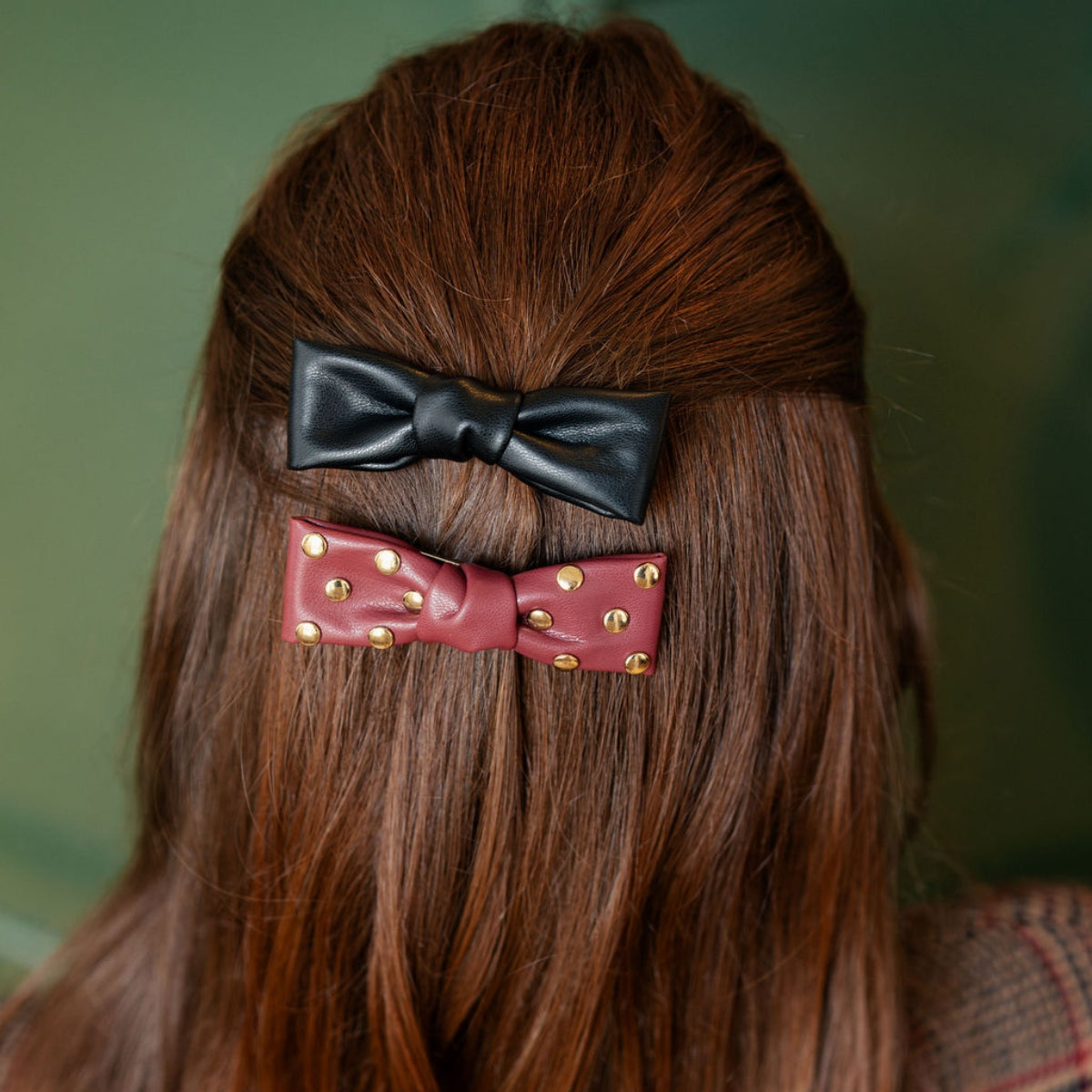 Set de 2 barrettes nœud à cheveux effet cuir bordeaux et noir