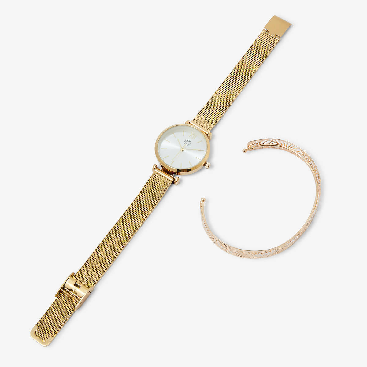 Coffret montre cadran rond bracelet maille et sa manchette