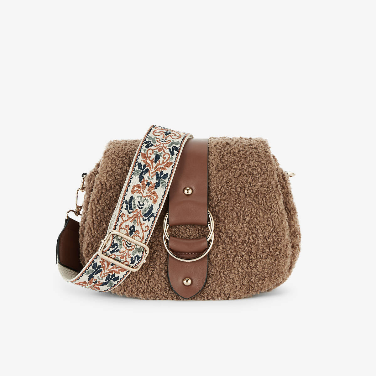 Sac effet mouton marron avec bandoulière à motif