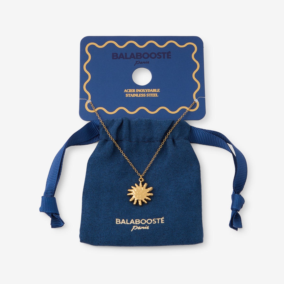 Collier pochon pendentif soleil acier inoxydable