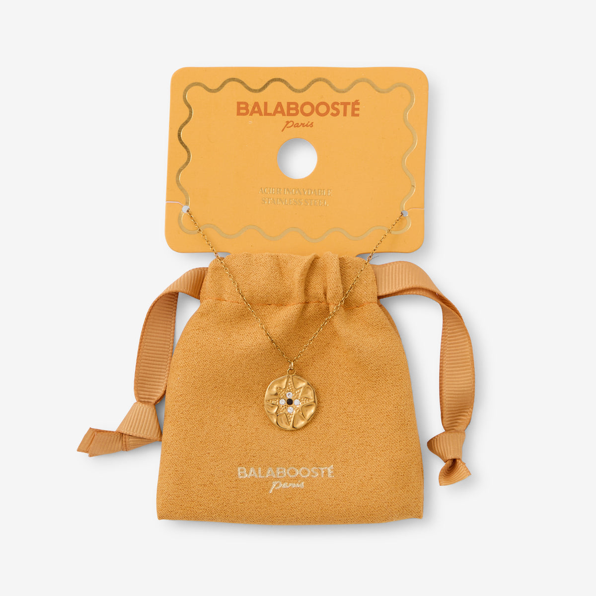 Collier pochon médaillon étoile acier inoxydable