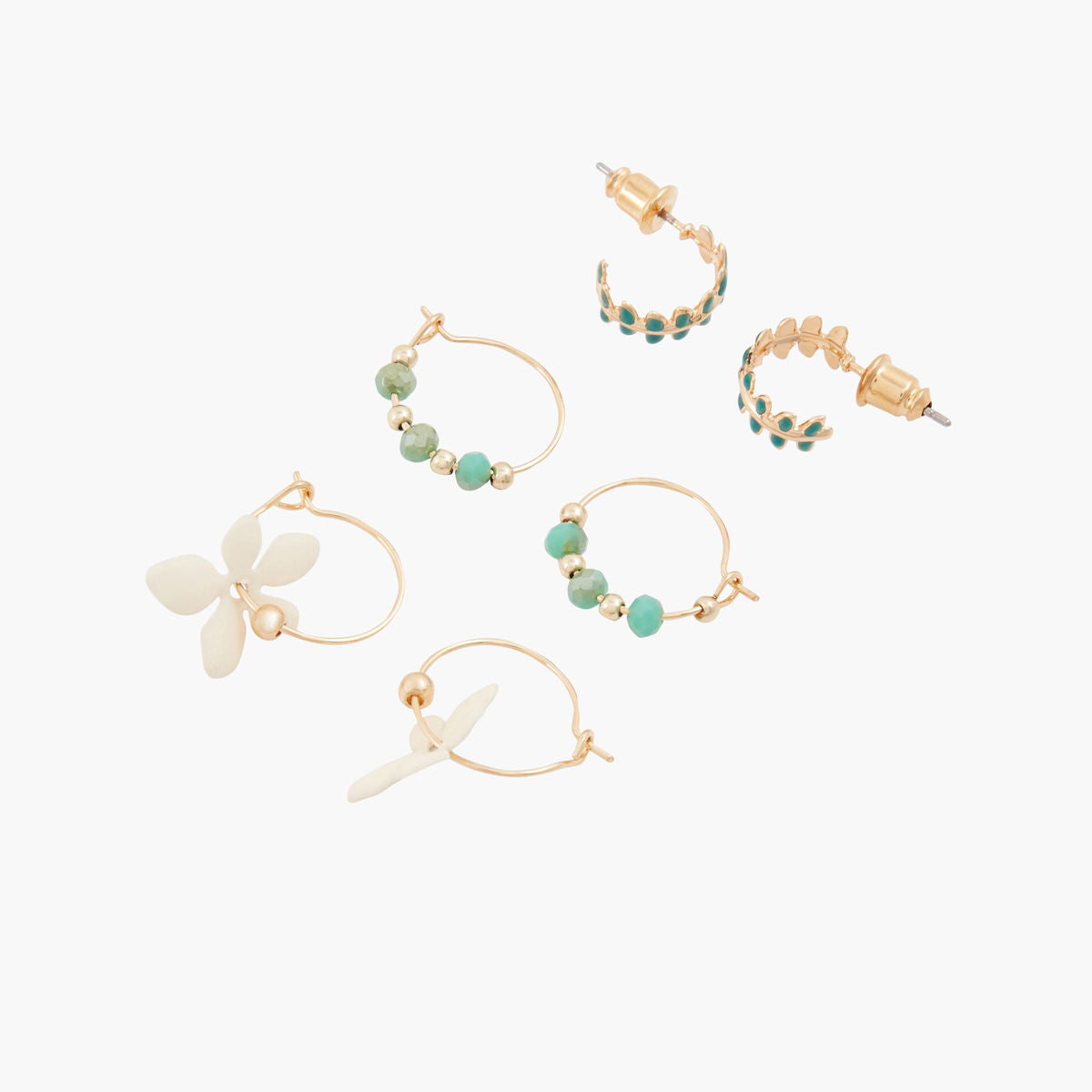 Set de 3 mini créoles épis, fleurs et pierres facettées