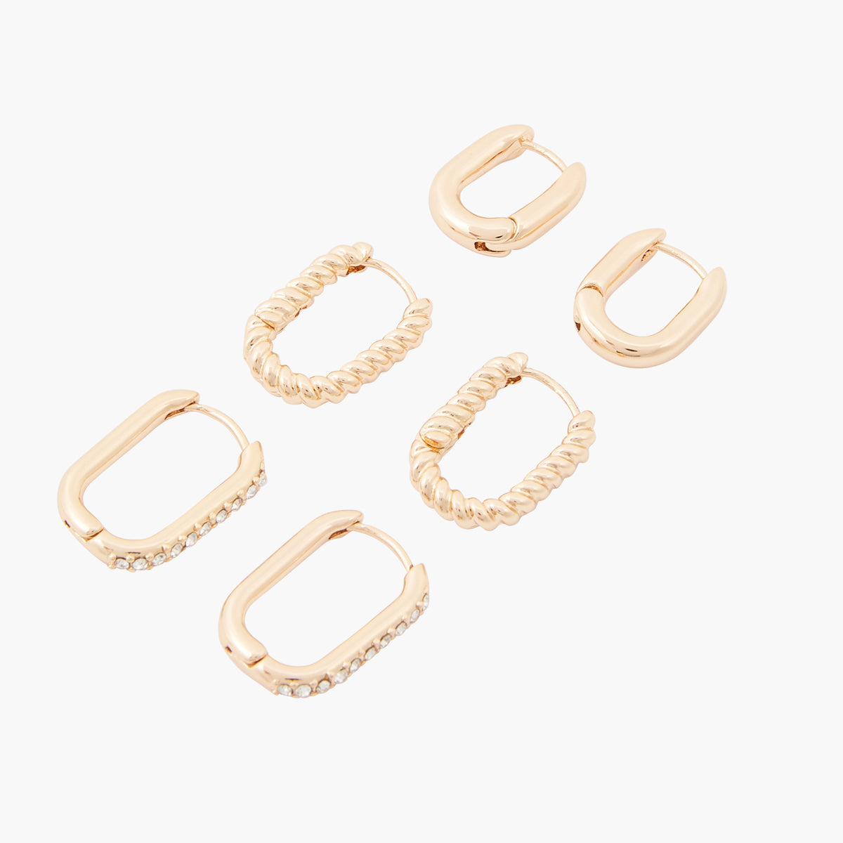 Set de 3 petites créoles rectangulaires assorties dorées et strass