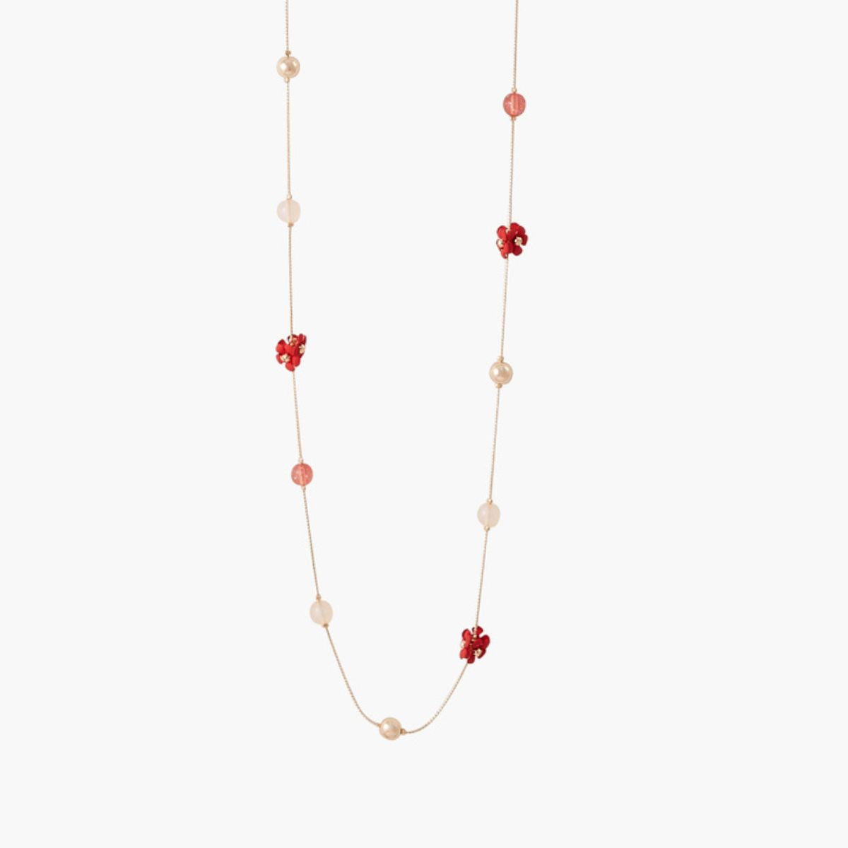 Sautoir perles et fleurs rouges