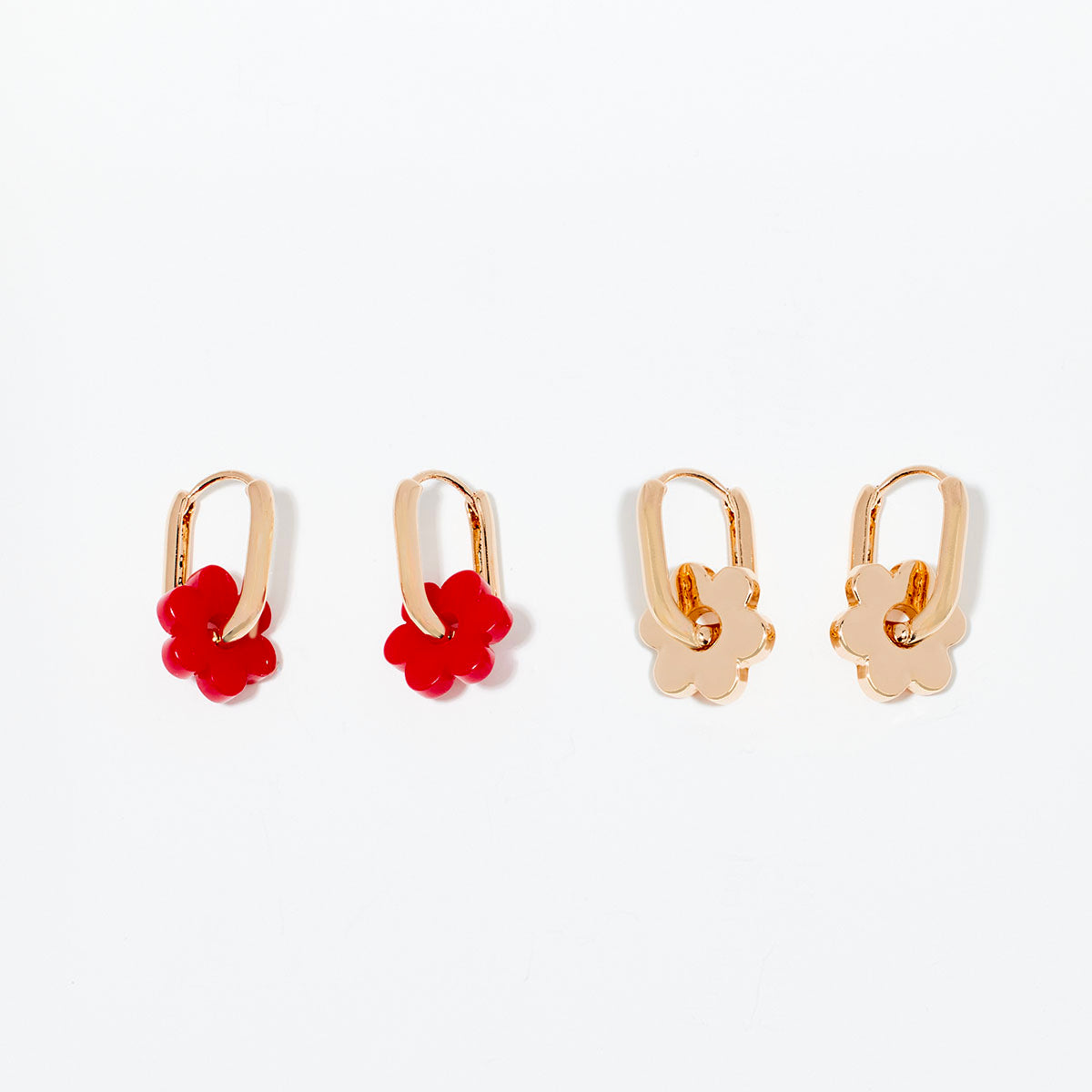 Set de 2 paires de créoles à fleurs rouges et dorées