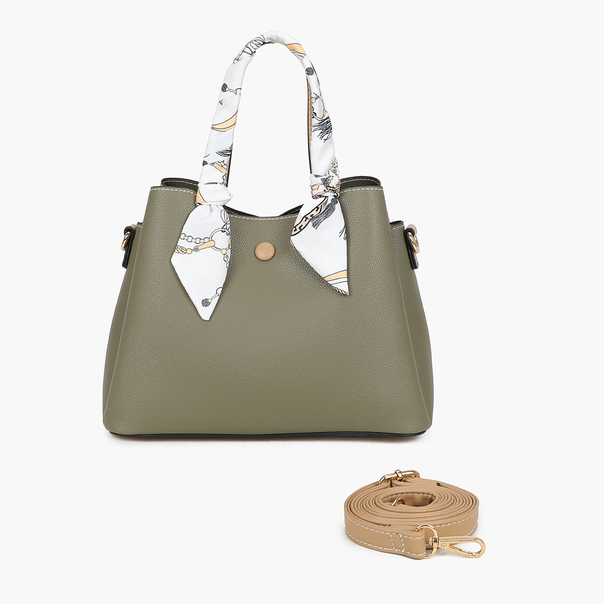 Petit sac à main kaki bicolor effet grainé avec foulard