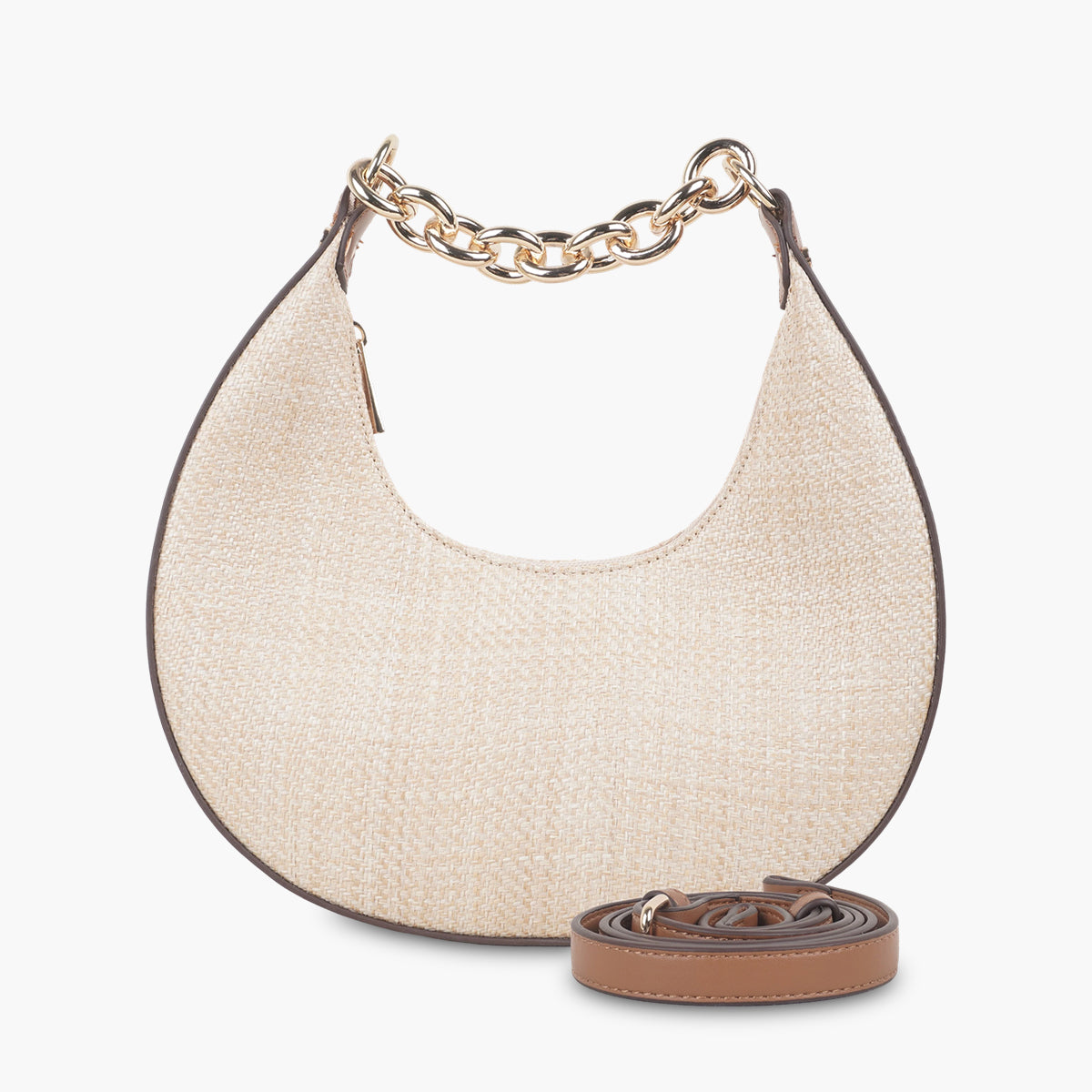 Sac demi lune effet paille écru et camel