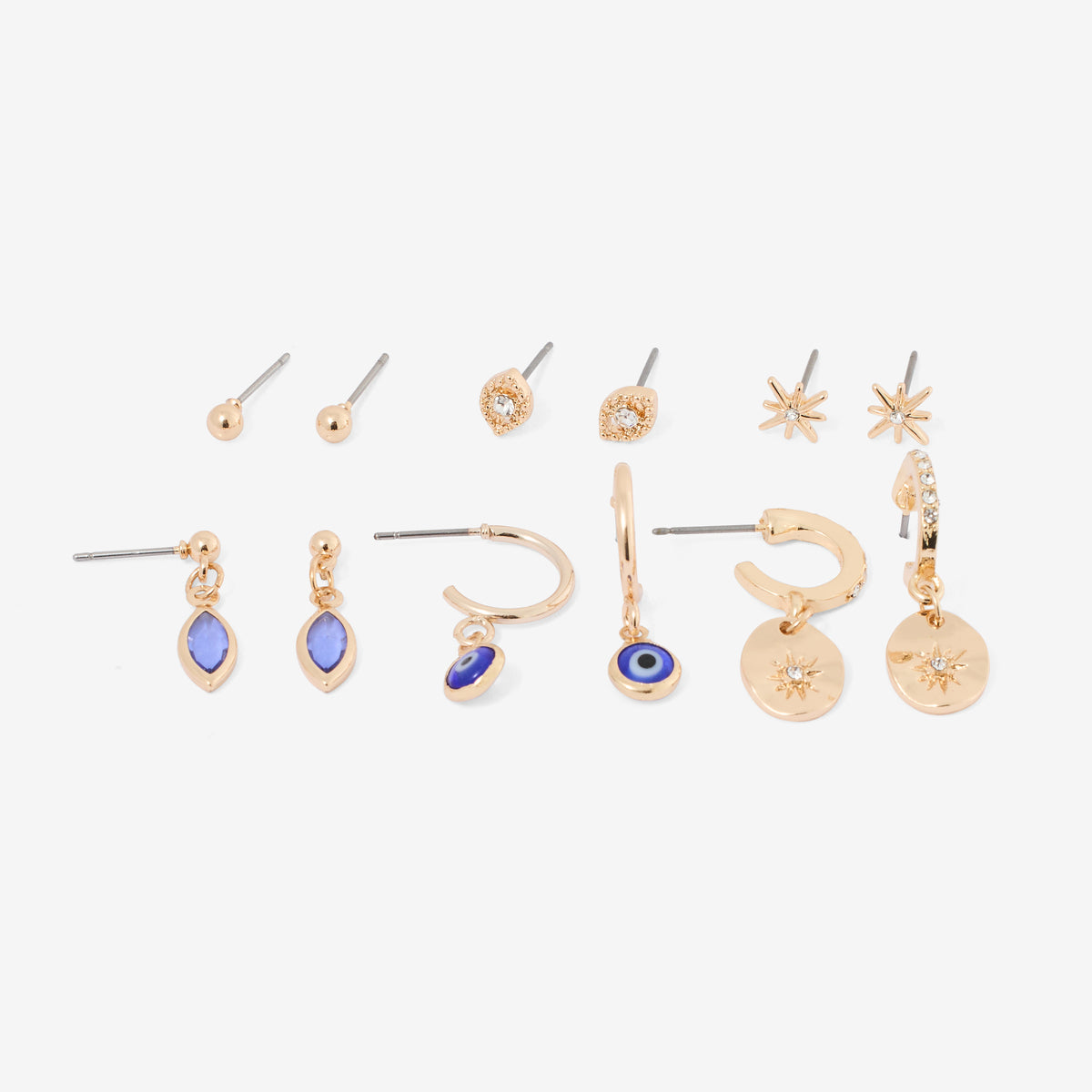 Set x6 paires boucles d'oreilles : puces et créoles œil bleu