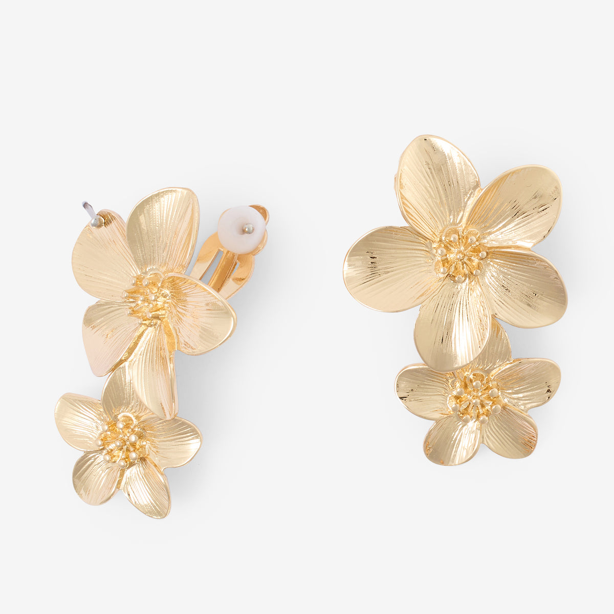 Boucles d'oreilles clips - double fleurs dorées