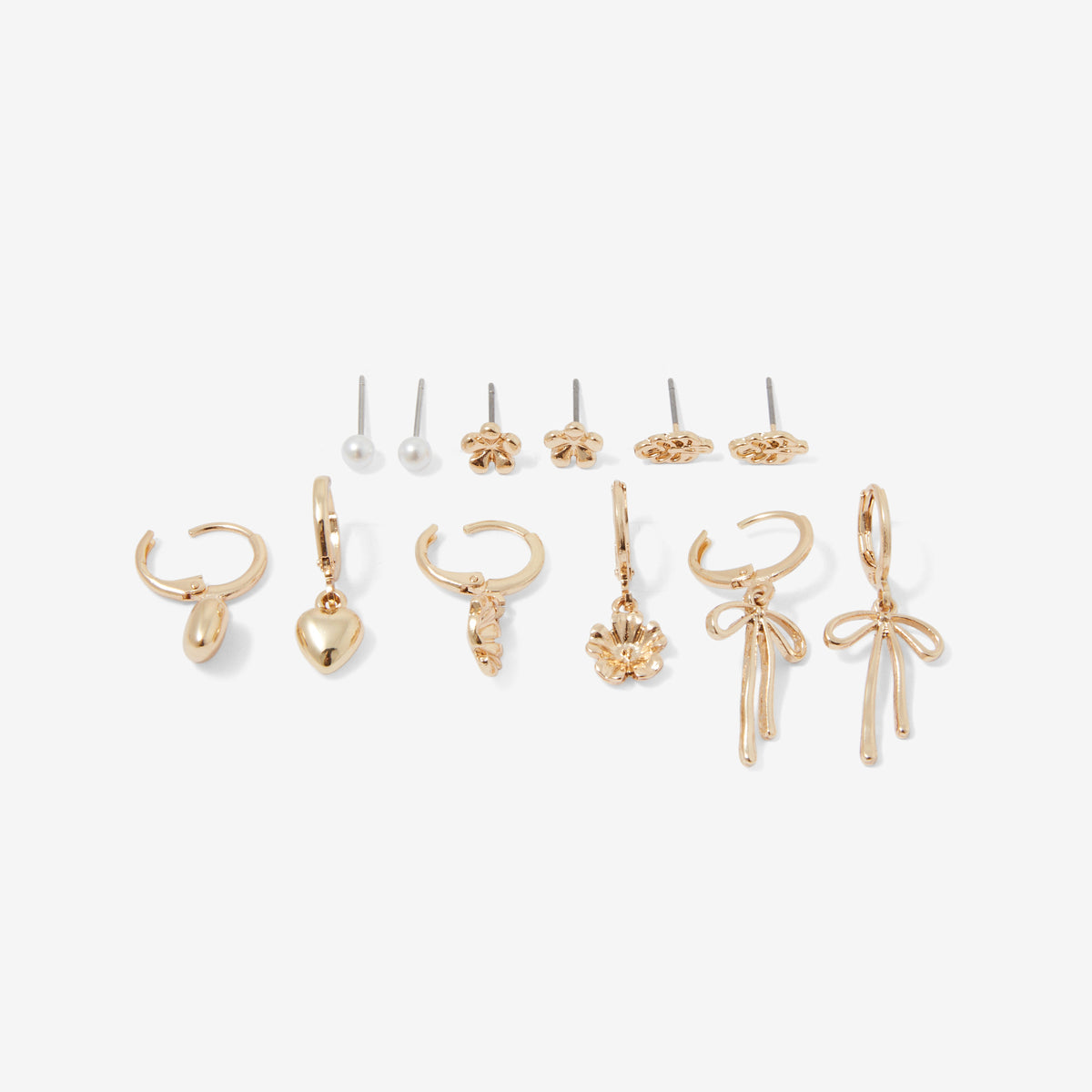 Set x6 paires boucles d'oreilles : puces et créoles cœurs, fleurs et nœuds