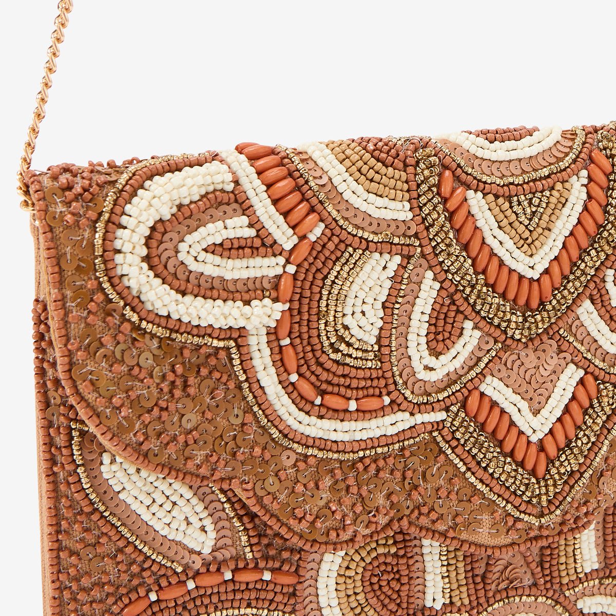 Pochette perlée marron et orange à motif mandala