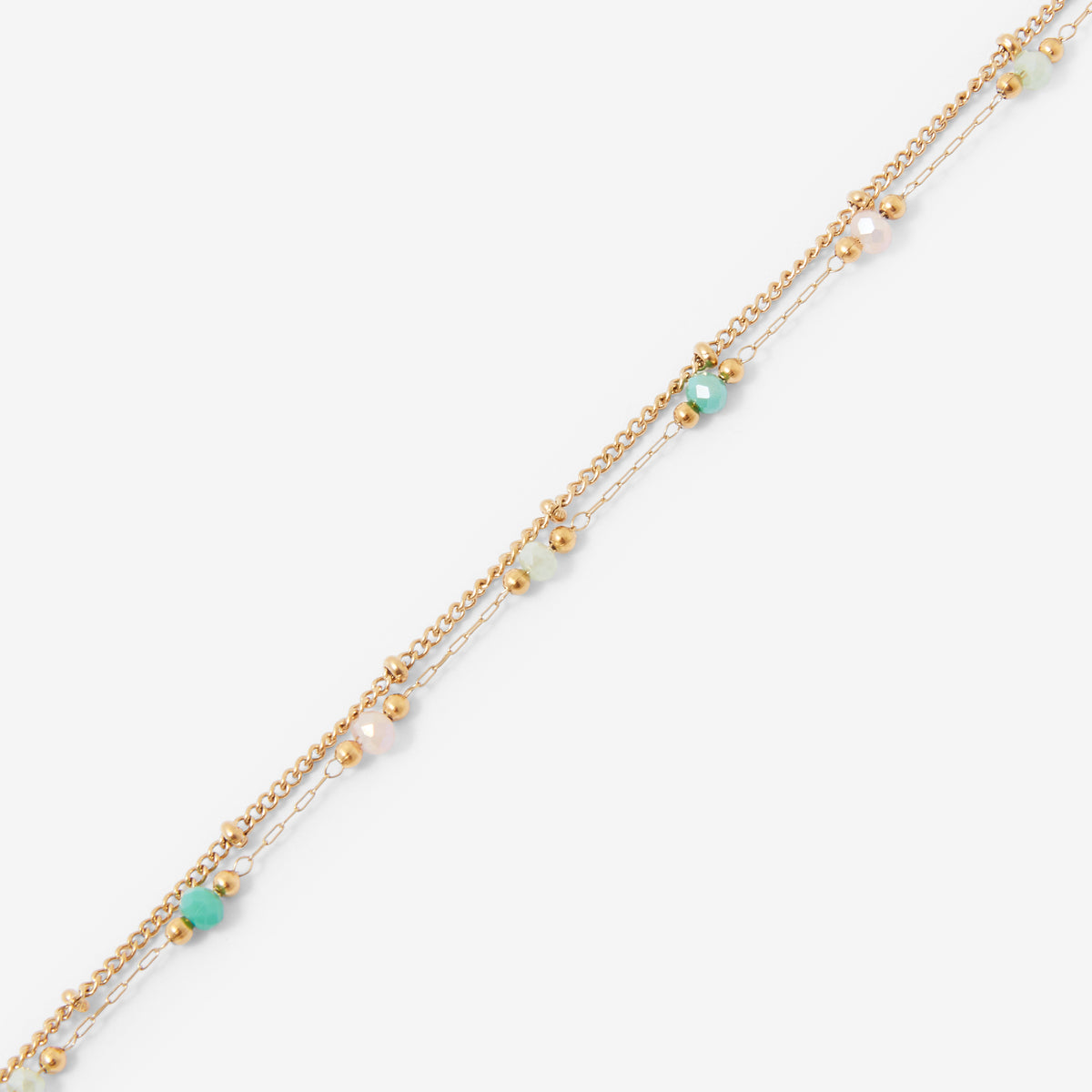 Bracelet chaîne 2 rangs perles facettées vertes acier inoxydable