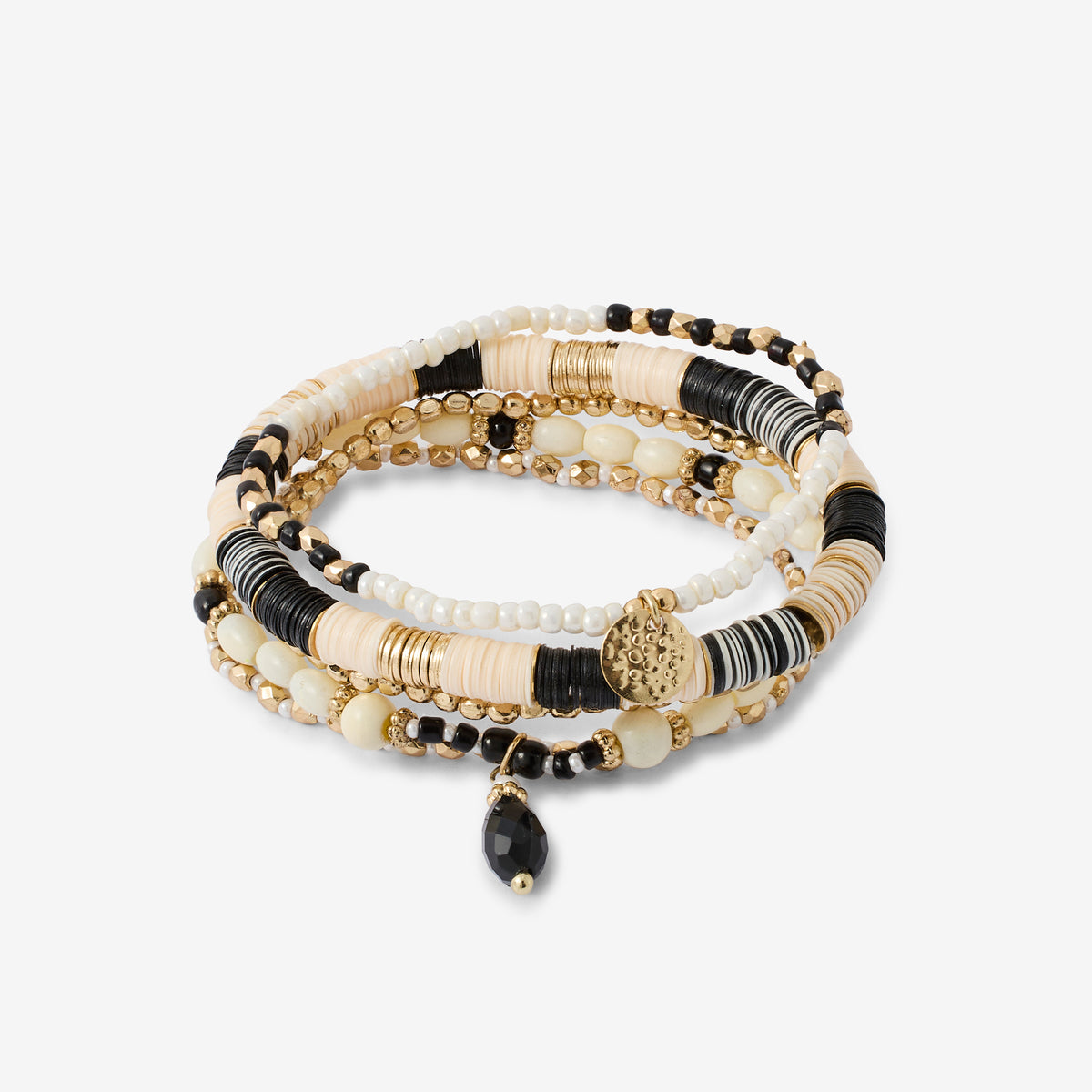 Set de 5 bracelets perles et sequins noir et écru