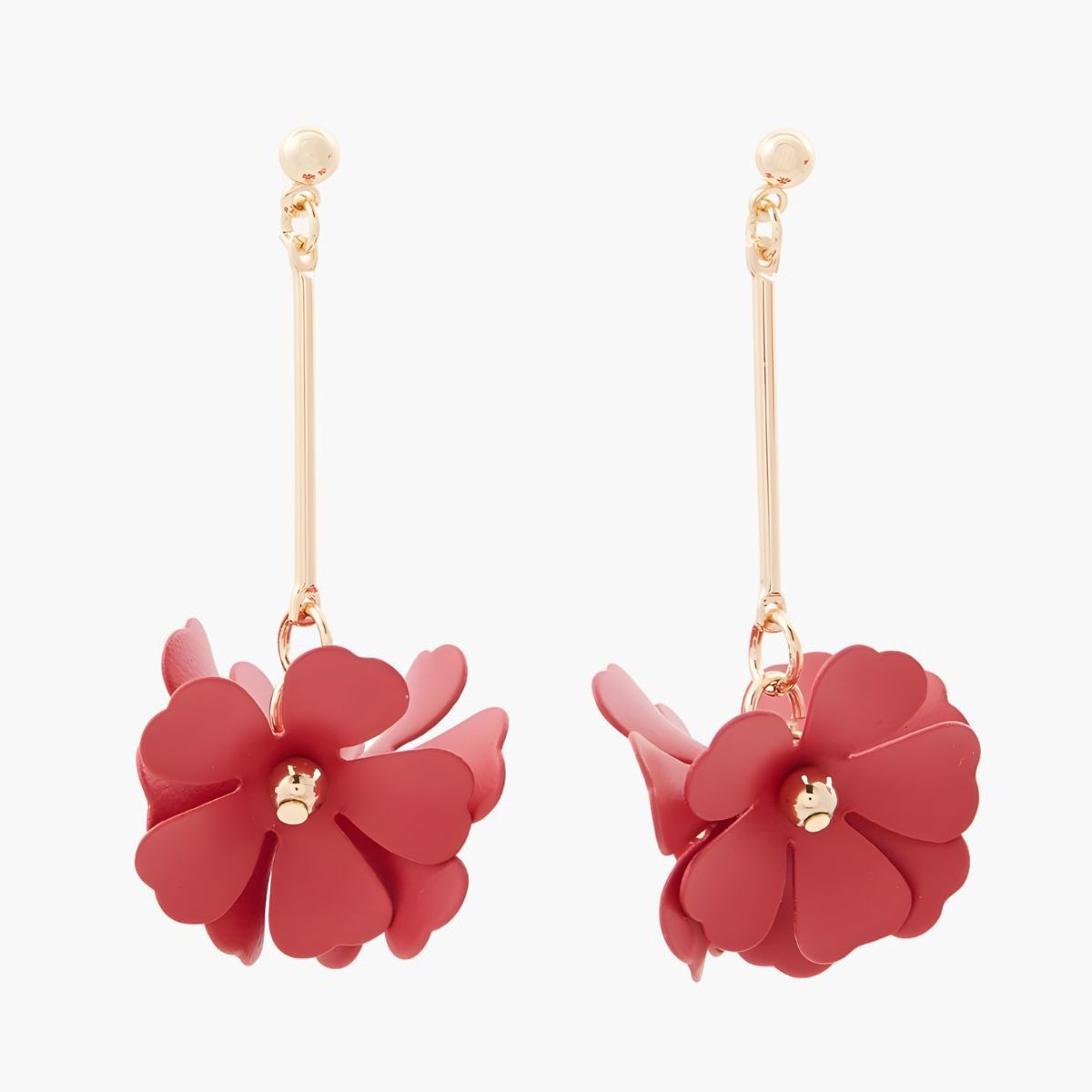 Boucles d’oreilles longues tige 3 fleurs rouges