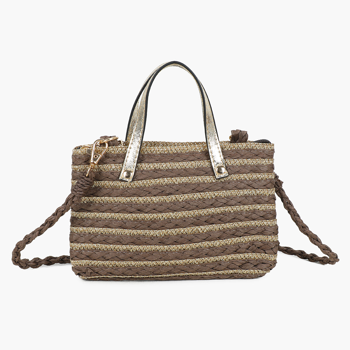 Pochette rayée marron effet paille à bandoulière