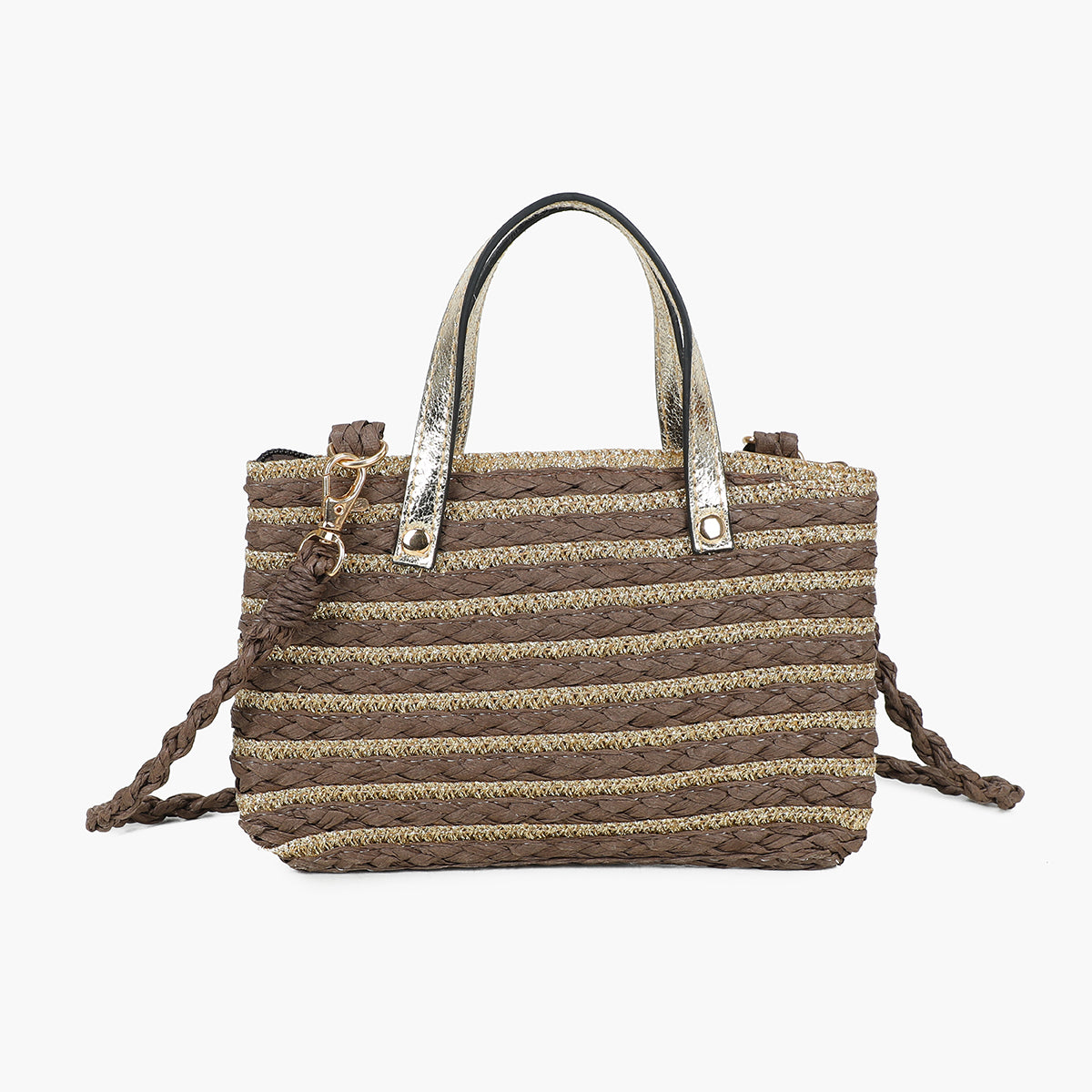 Pochette rayée marron effet paille à bandoulière