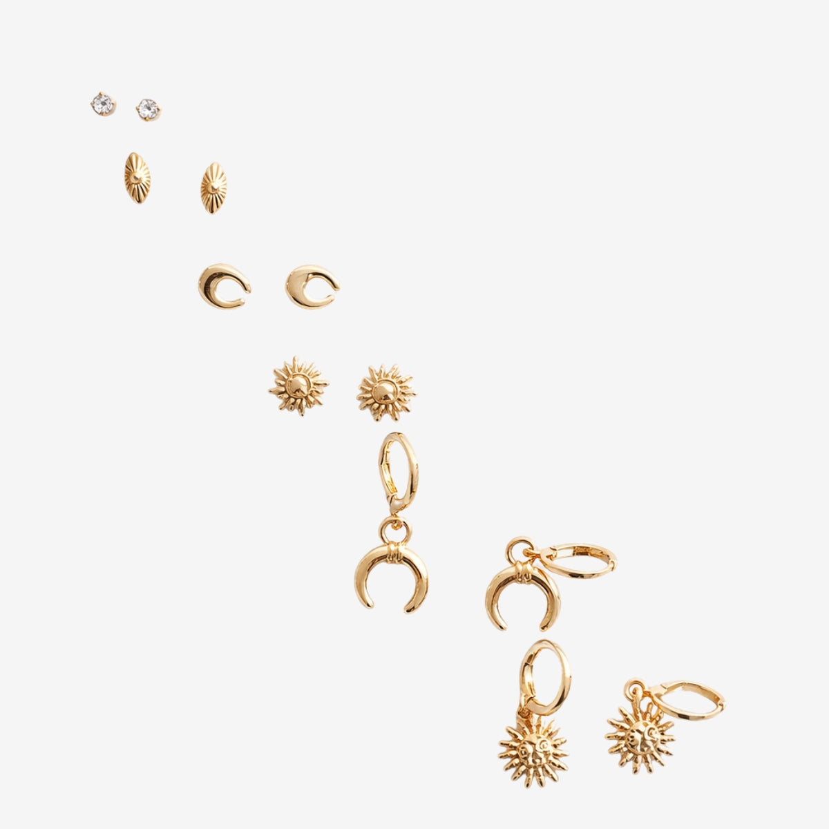 Set de 6 paires de boucles d'oreilles : puces et créoles soleil