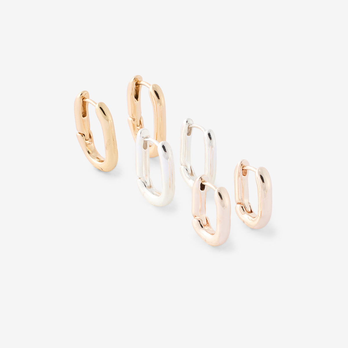 Set x3 créoles rectangulaires dorées, argentées et bronze