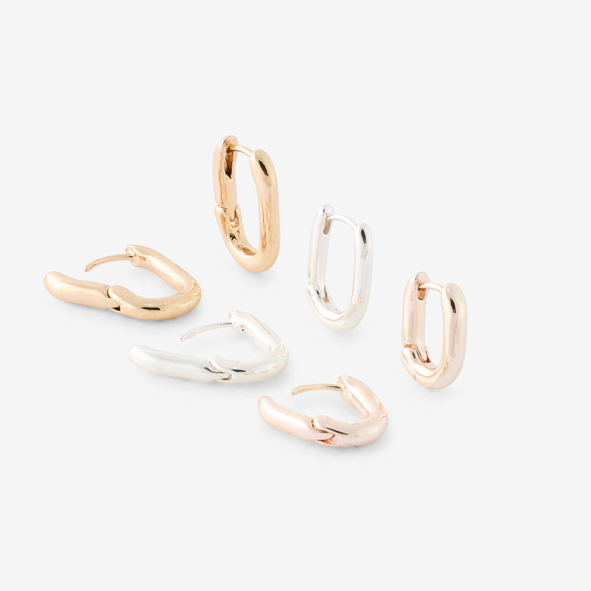 Set x3 créoles rectangulaires dorées, argentées et bronze