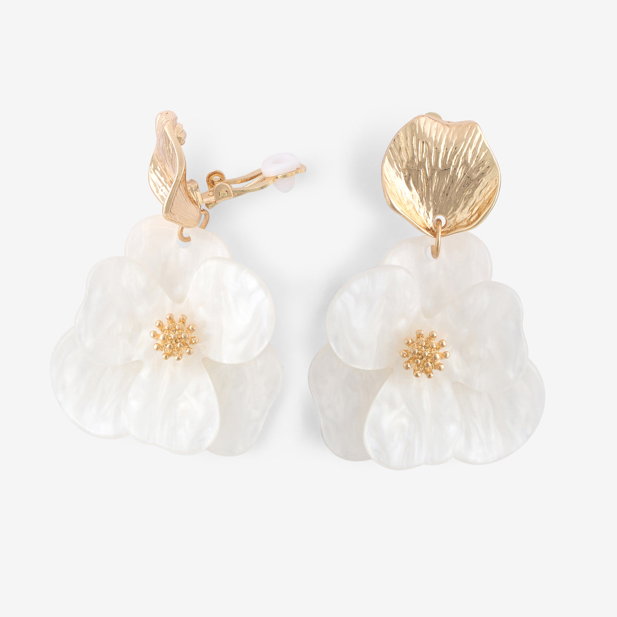 Boucles d'oreilles clips - fleurs blanches