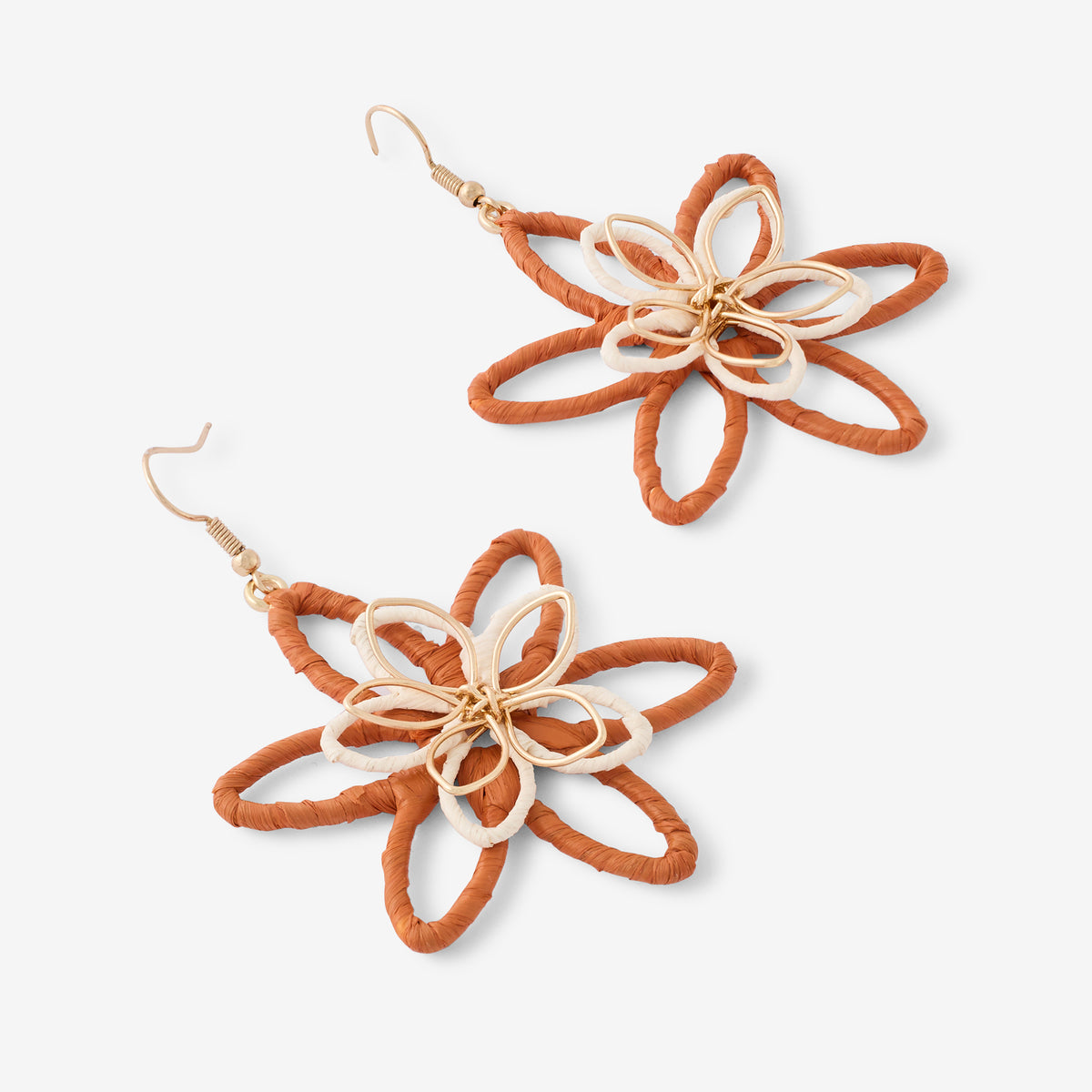 Boucles d'oreilles fleurs en raphia et métal