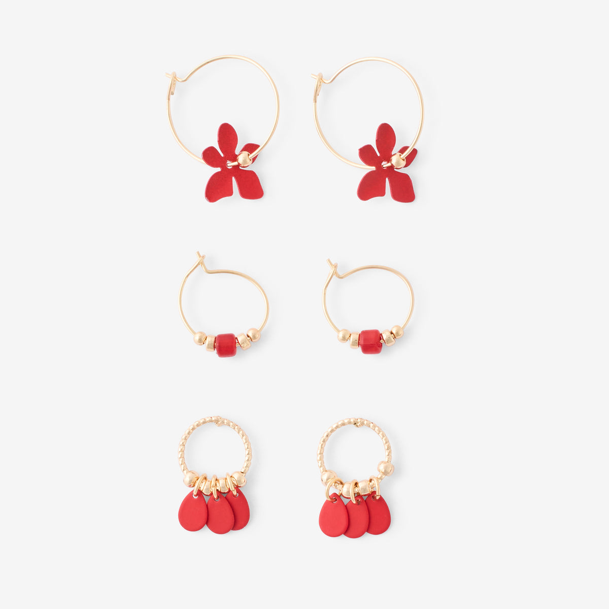 Set de 3 paires de boucles d'oreilles assorties rouges
