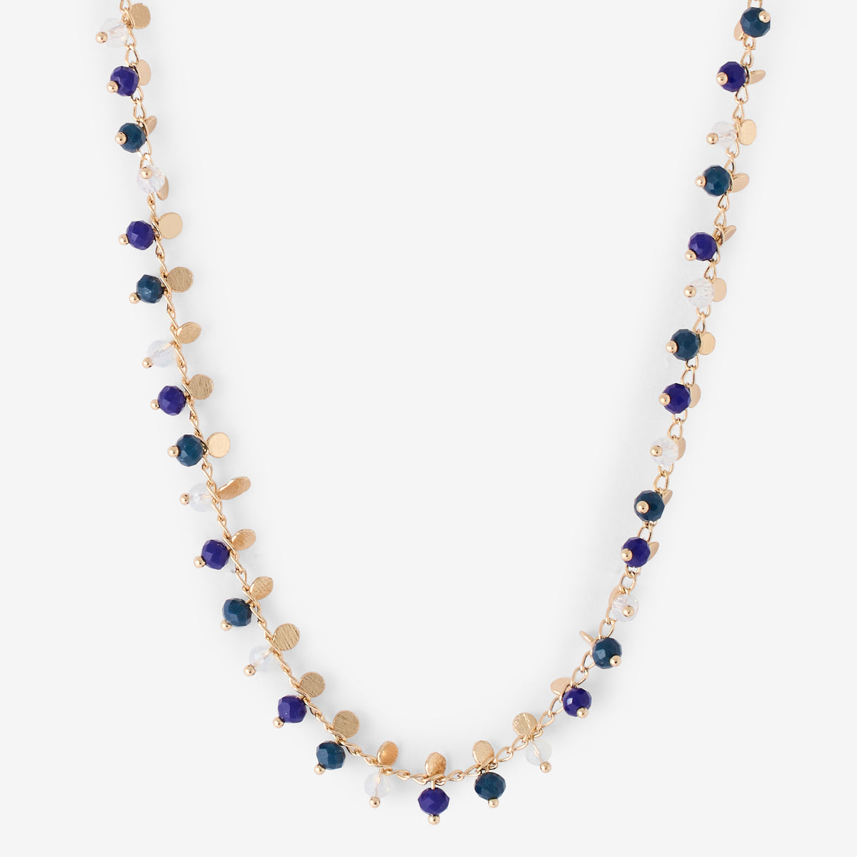 Collier doré perles à facettes bleues