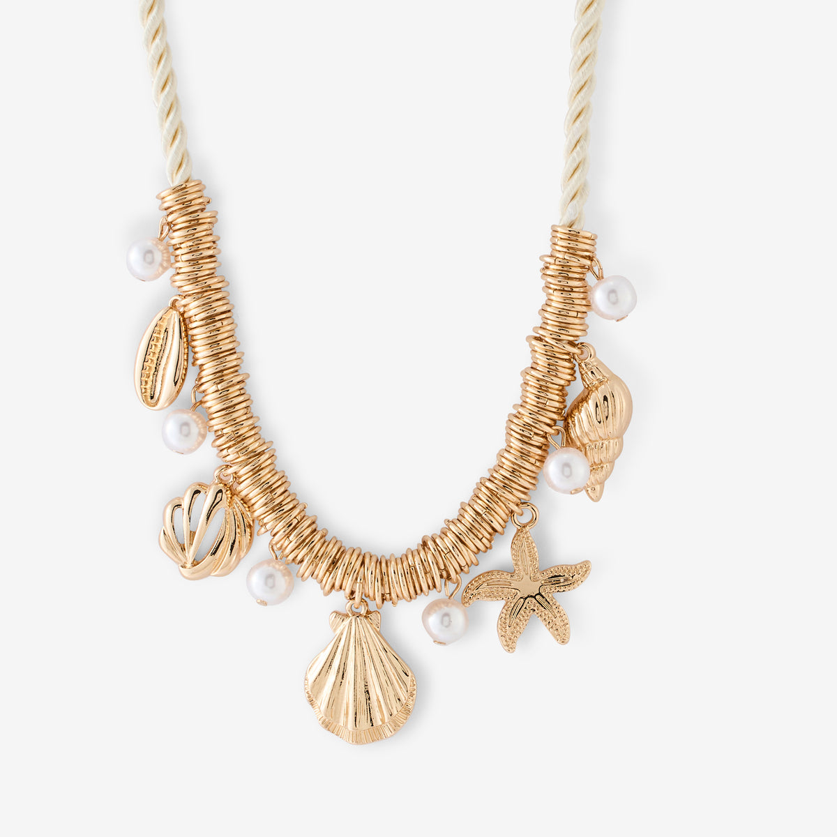 Collier cordon coquillages blanc et doré