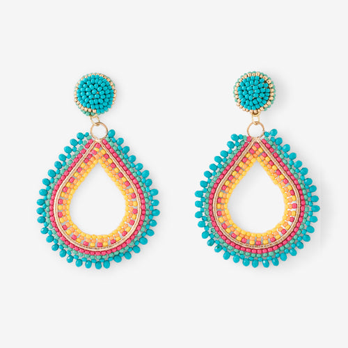 BOUCLE D'OREILLES GOUTTE PERLE DE ROCAILLE BLEU ET ORANGE
