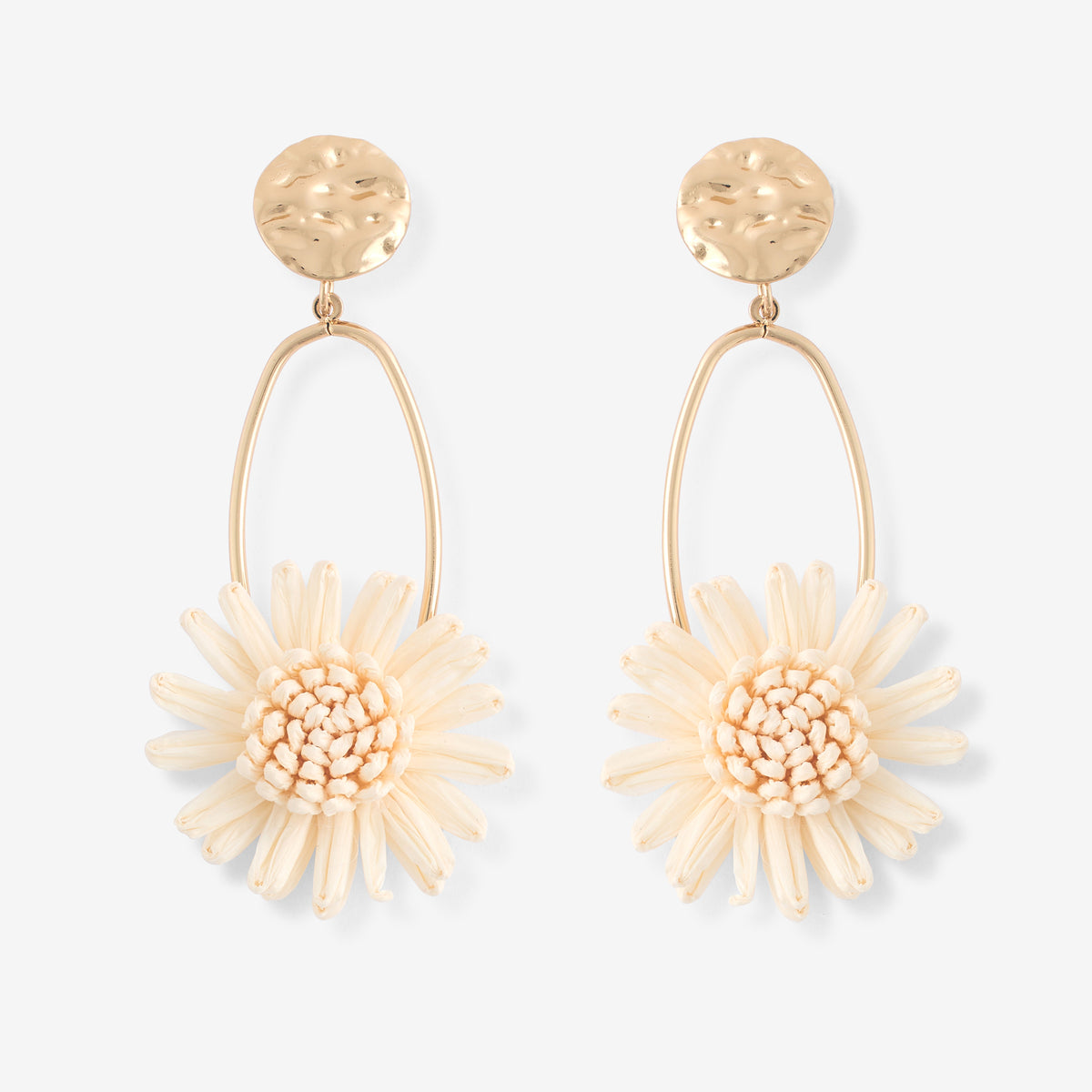 Boucles d'oreilles clips - fleur en raphia ivoire