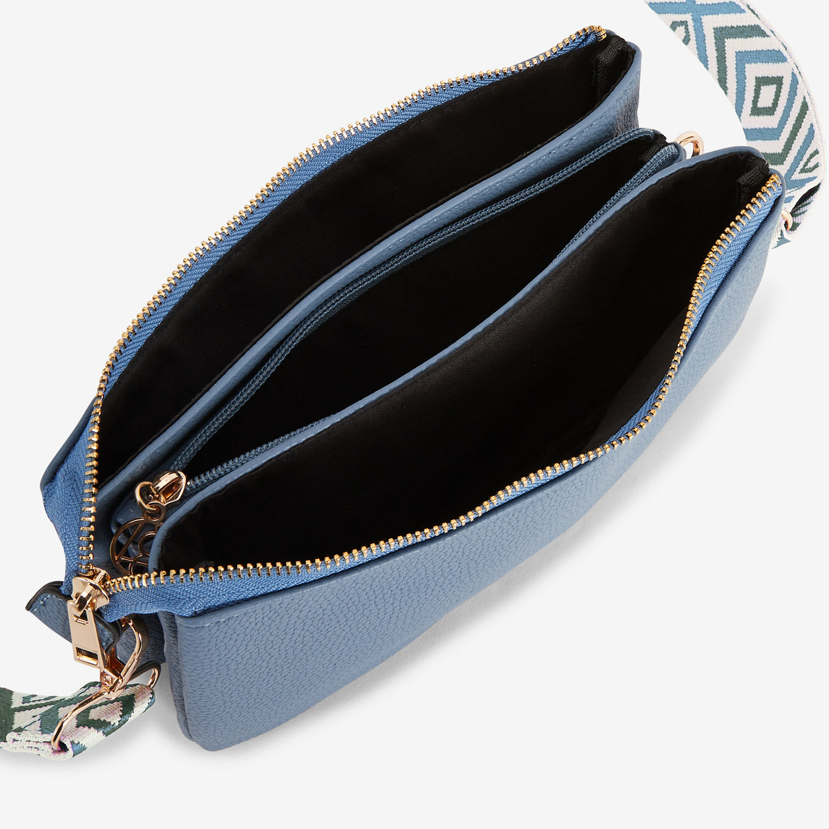 Pochette bleue multi‑poches avec bandoulière motif géométrique