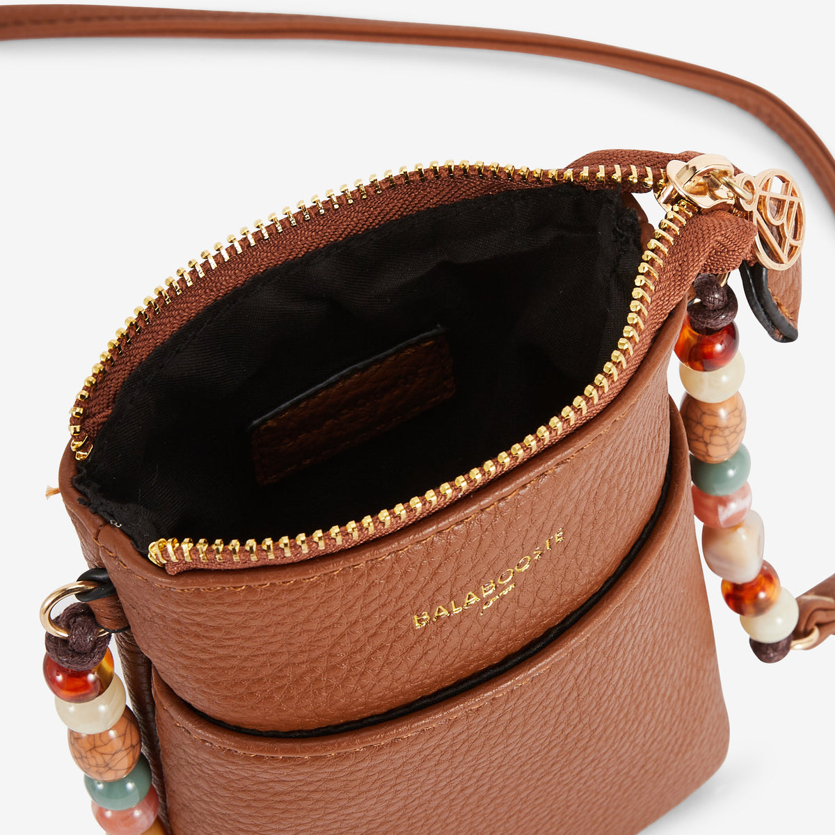 Pochette de téléphone camel avec bandoulière perlée