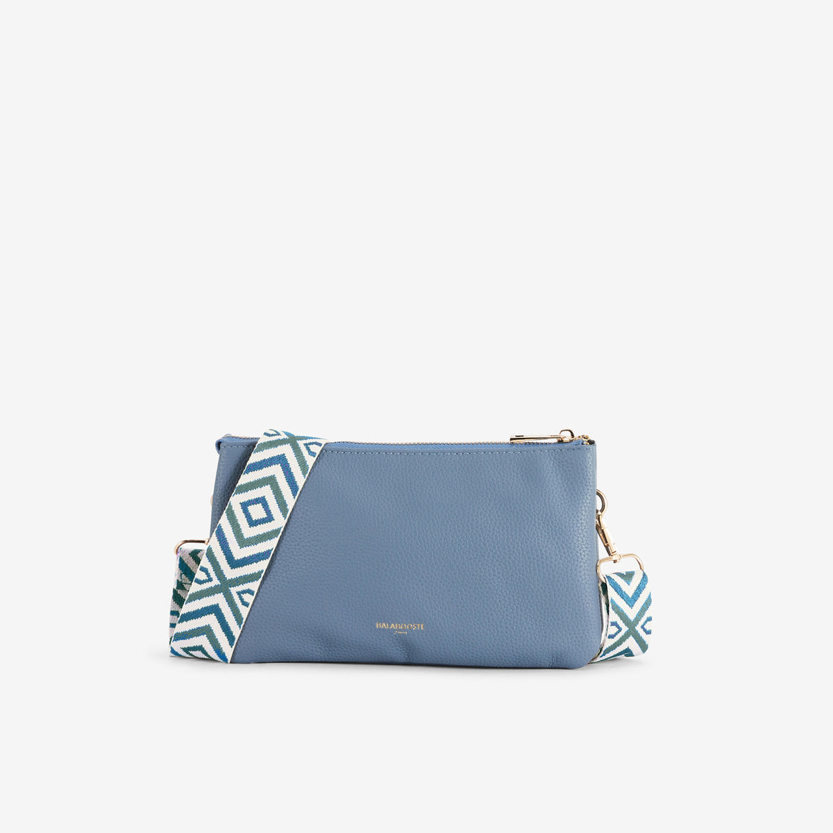 Pochette bleue multi‑poches avec bandoulière motif géométrique