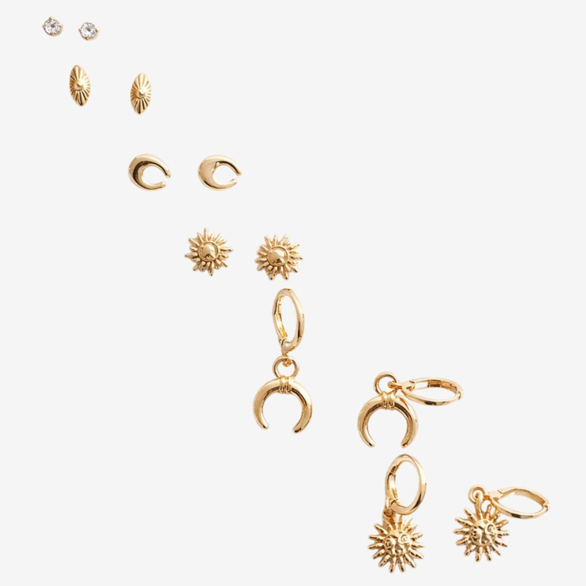 Set de 6 paires de boucles d'oreilles : puces et créoles soleil