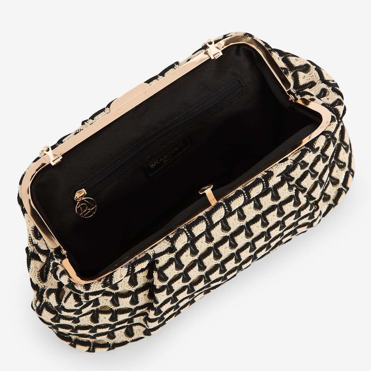 Minaudière en textile noir et beige