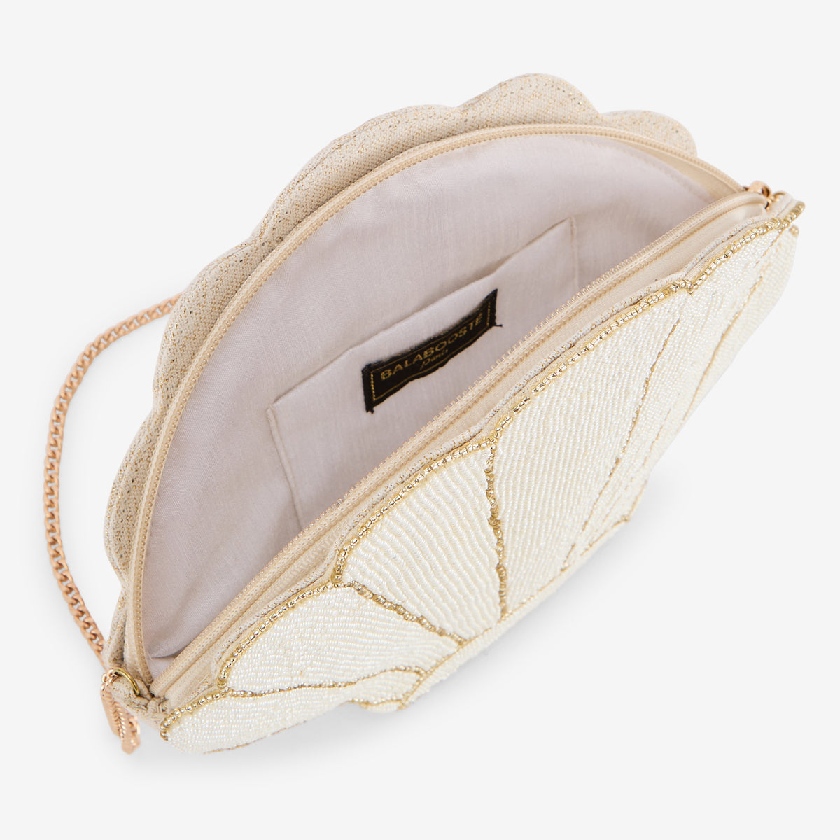 Pochette coquillage en perles de rocaille ivoire et dorées