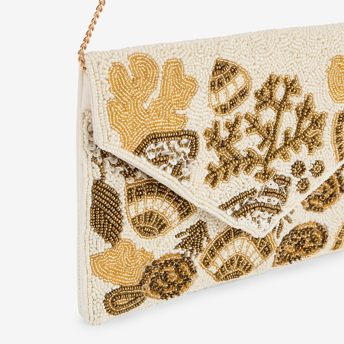 Pochette en perles de rocaille ivoire et dorées