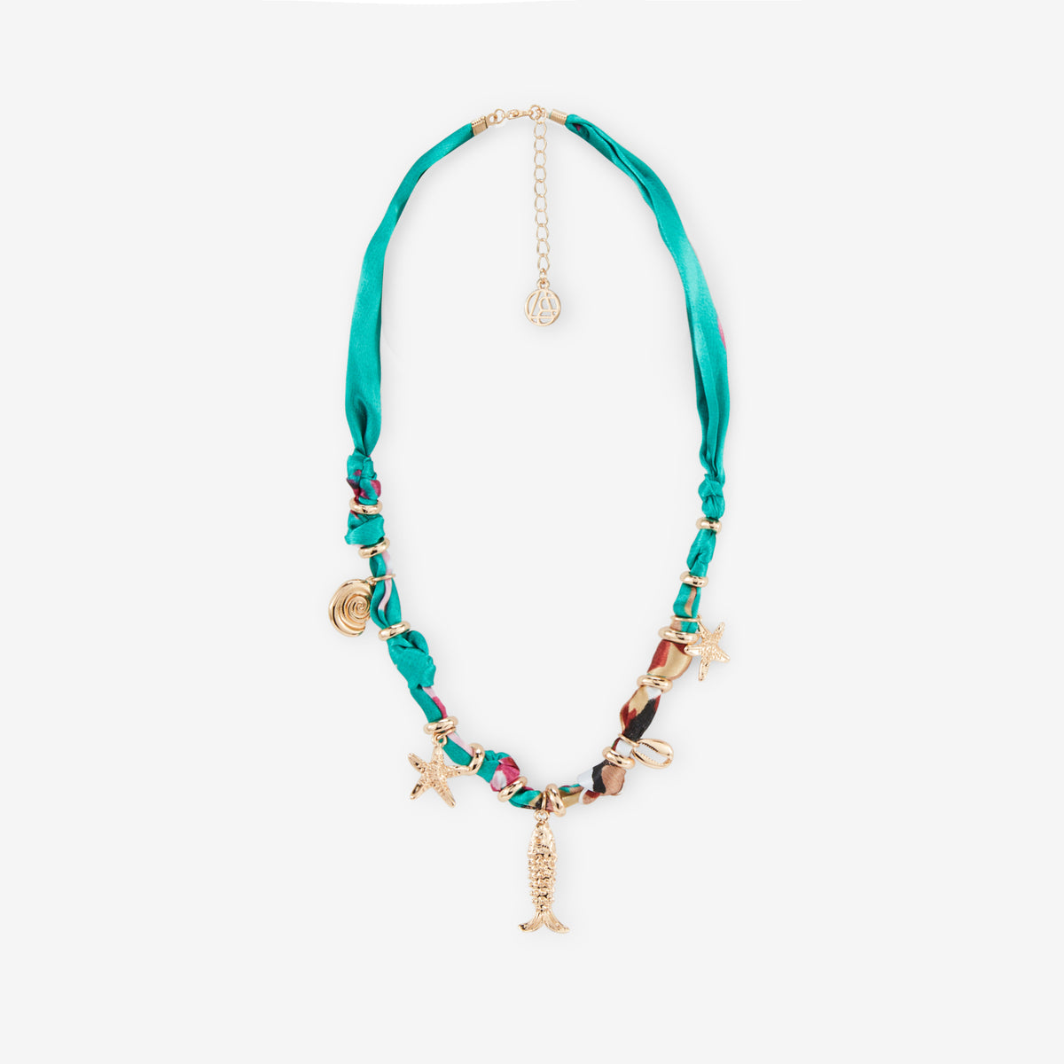 Collier tissu bleu turquoise à charms