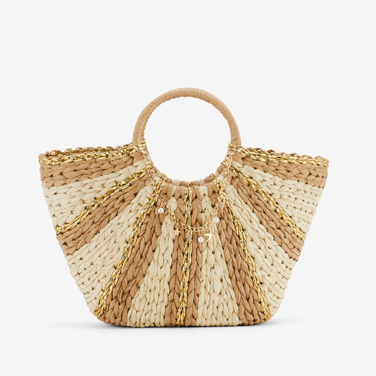 Sac panier à rayures beige et doré