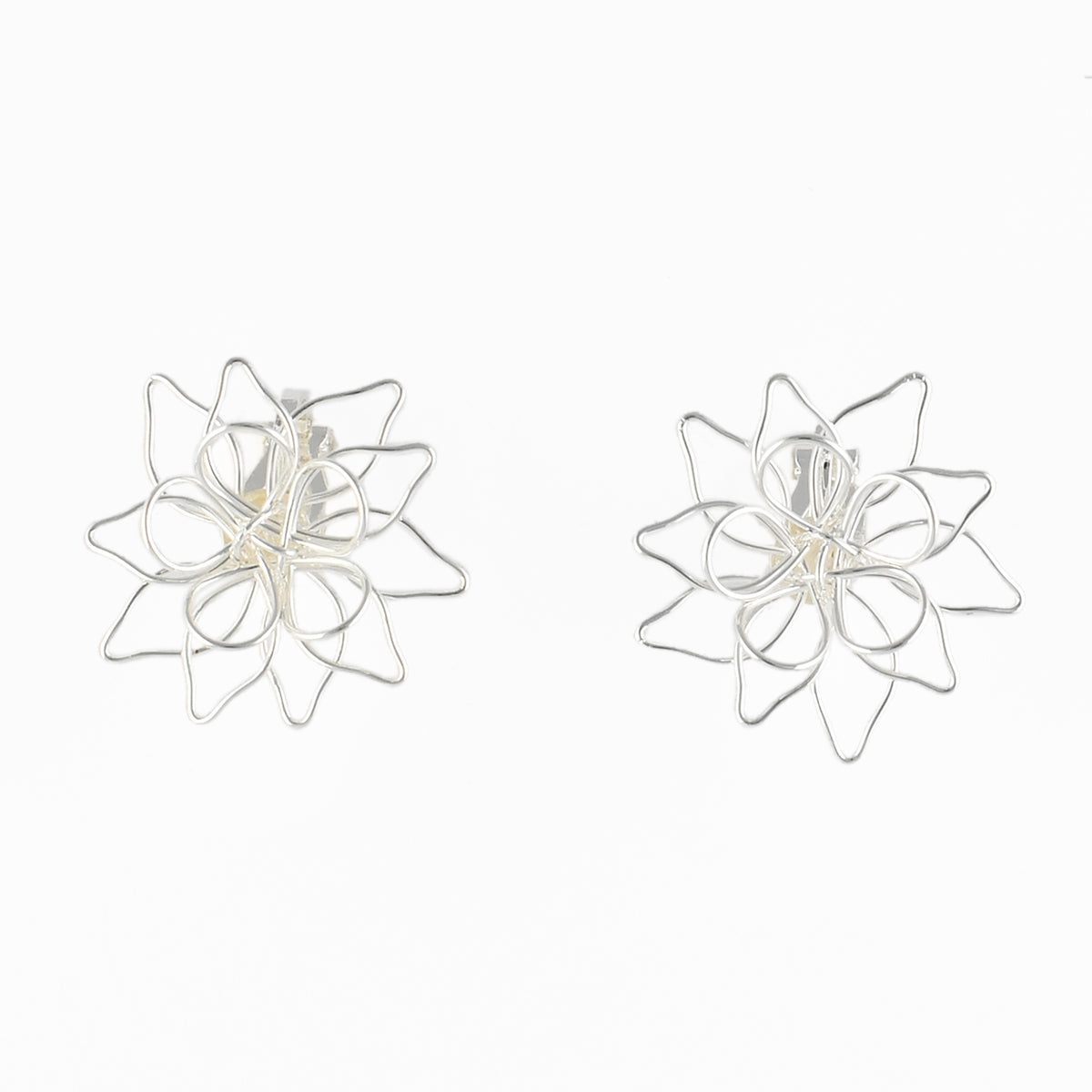 Boucles d'oreilles clips - fleurs filaires argentées